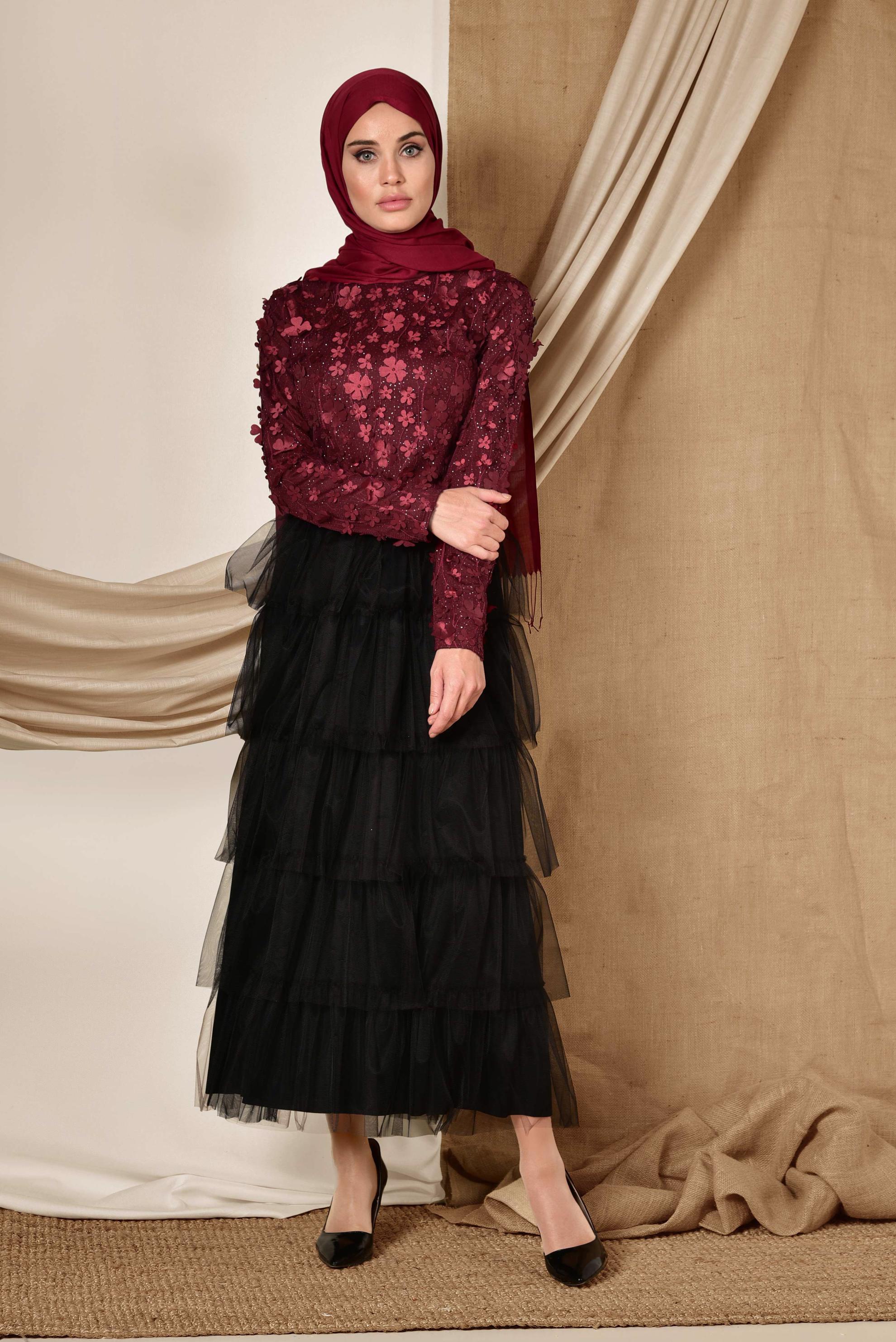 Tesettür giyim BORDO ÜÇ BOYUTLU ÇİÇEK DETAYLI  ABİYE BLUZ 4064 