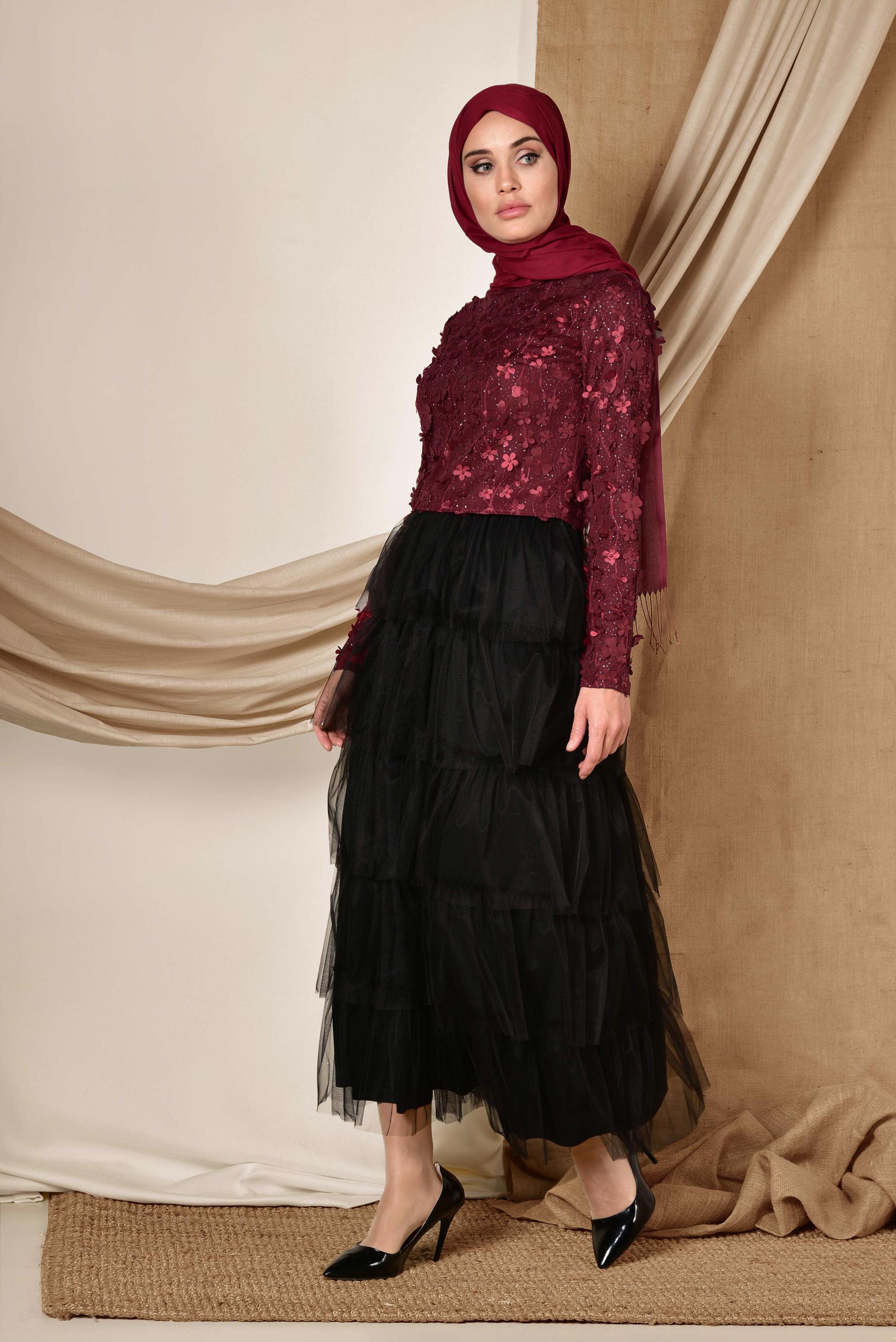 Tesettür giyim BORDO ÜÇ BOYUTLU ÇİÇEK DETAYLI  ABİYE BLUZ 4064 