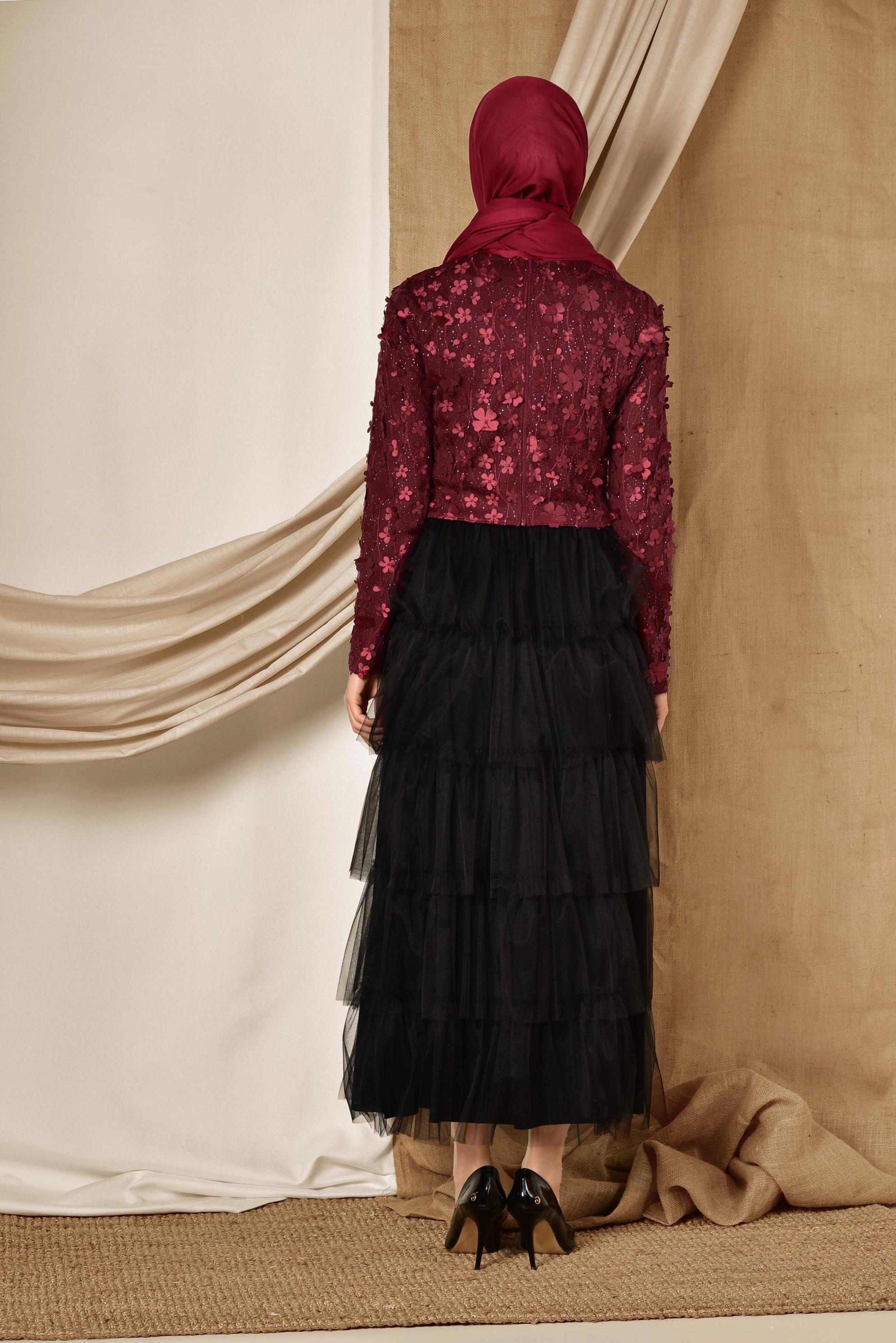 Tesettür giyim BORDO ÜÇ BOYUTLU ÇİÇEK DETAYLI  ABİYE BLUZ 4064 