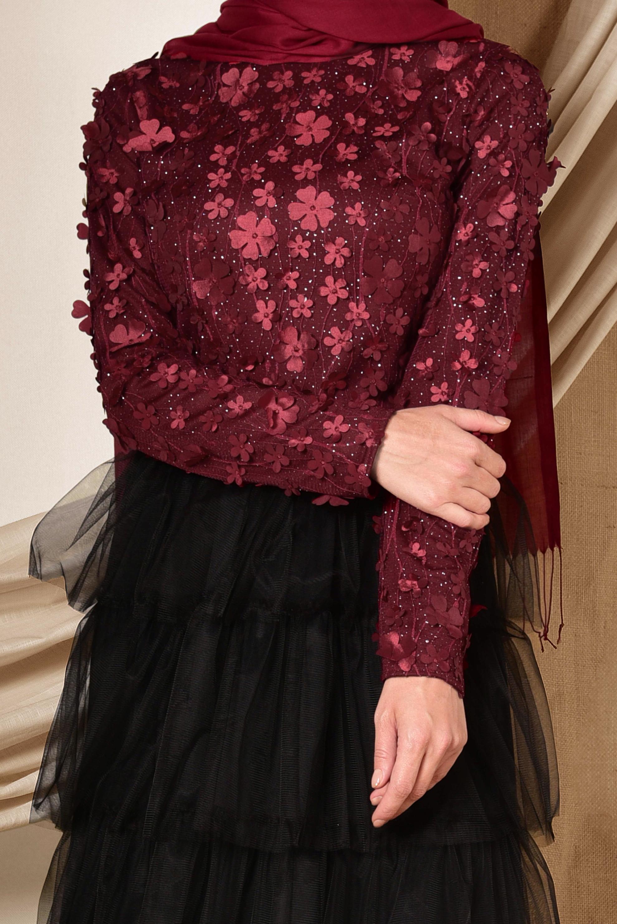 Tesettür giyim BORDO ÜÇ BOYUTLU ÇİÇEK DETAYLI  ABİYE BLUZ 4064 