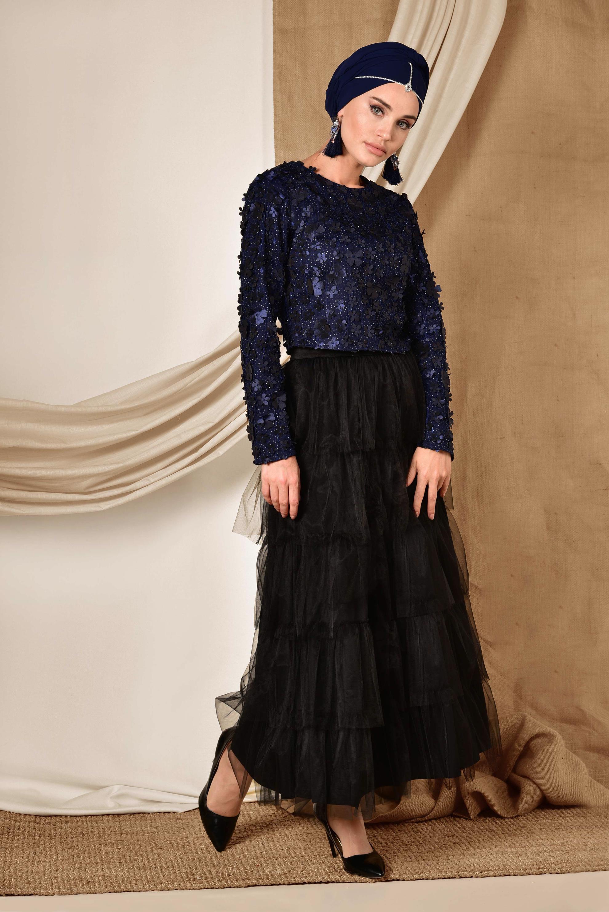 Tesettür giyim LACİVERT ÜÇ BOYUTLU ÇİÇEK DETAYLI  ABİYE BLUZ 4064 