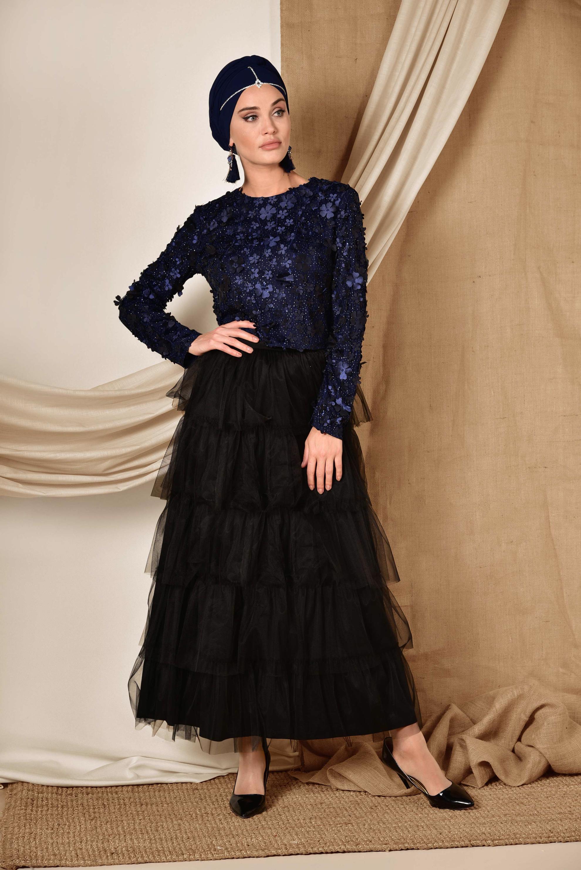 Tesettür giyim LACİVERT ÜÇ BOYUTLU ÇİÇEK DETAYLI  ABİYE BLUZ 4064 