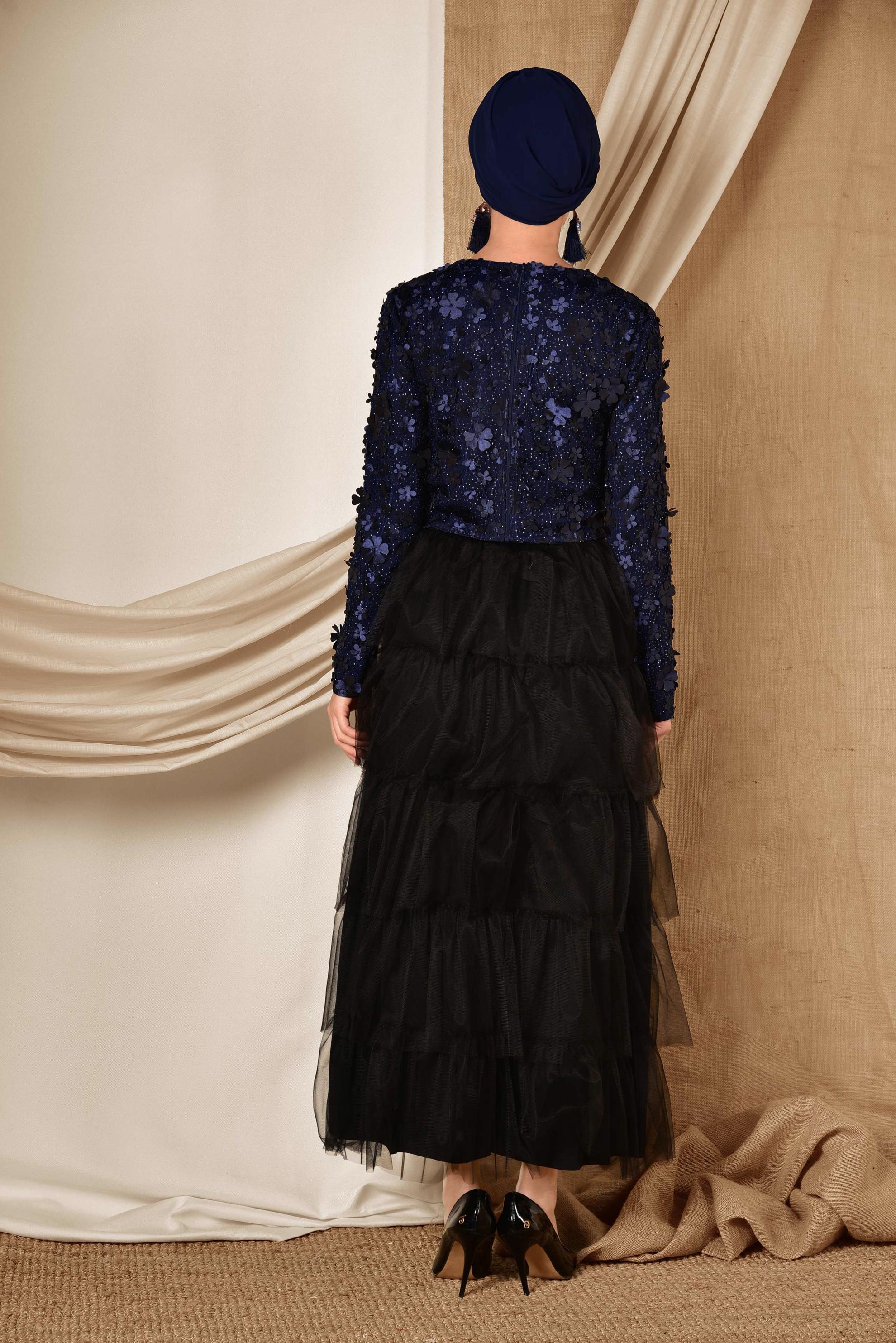 Tesettür giyim LACİVERT ÜÇ BOYUTLU ÇİÇEK DETAYLI  ABİYE BLUZ 4064 