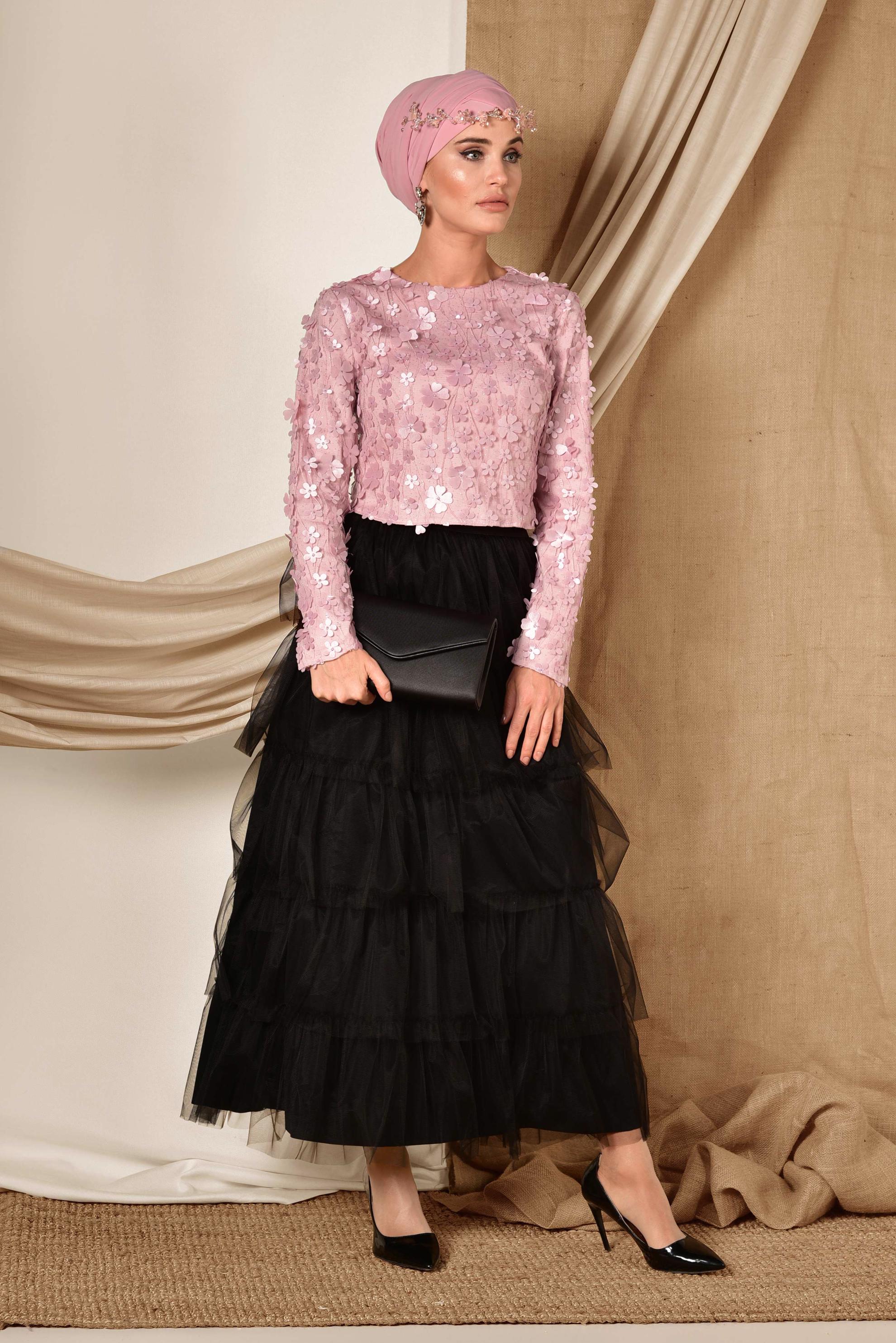 Tesettür giyim PUDRA ÜÇ BOYUTLU ÇİÇEK DETAYLI  ABİYE BLUZ 4064 