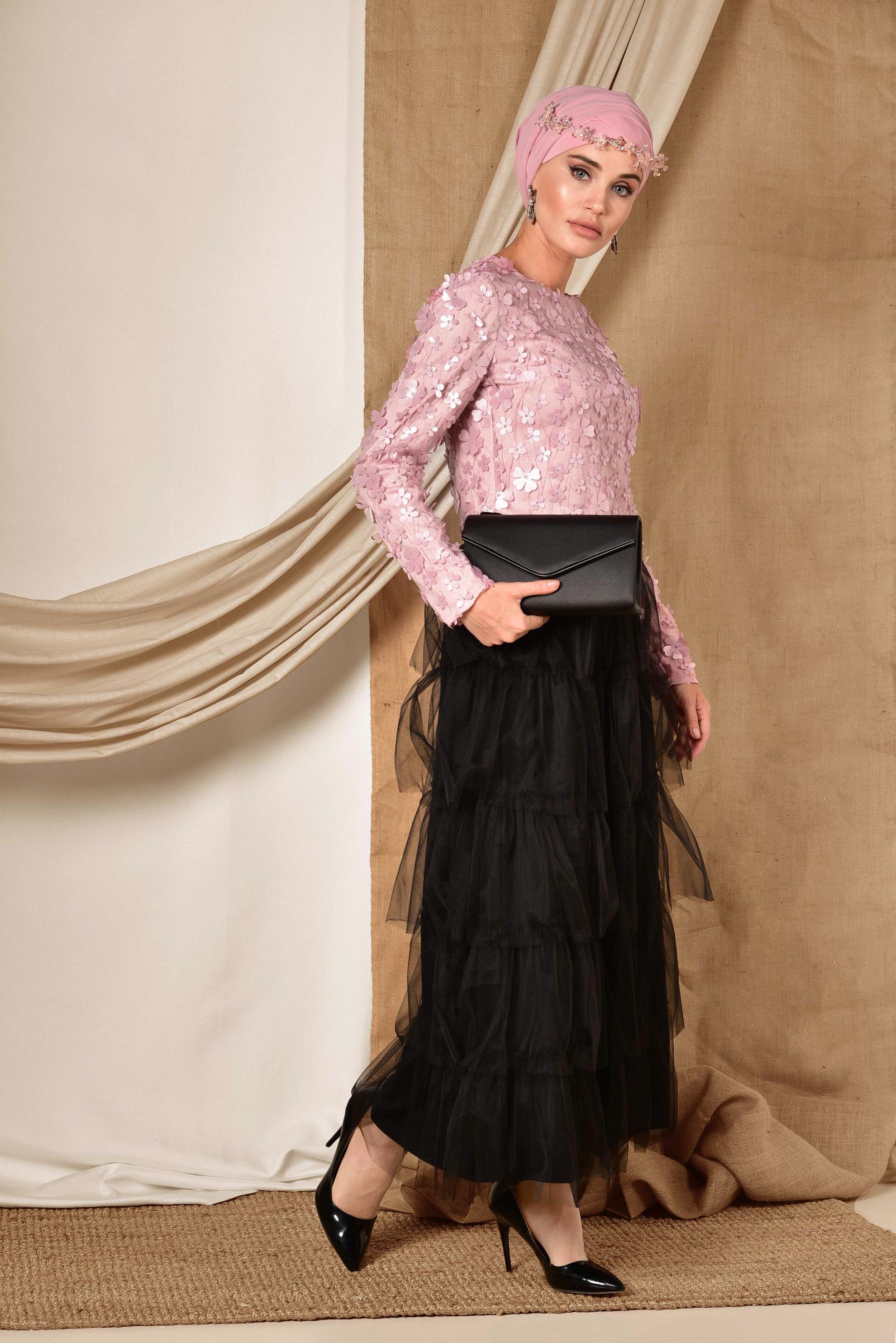 Tesettür giyim PUDRA ÜÇ BOYUTLU ÇİÇEK DETAYLI  ABİYE BLUZ 4064 