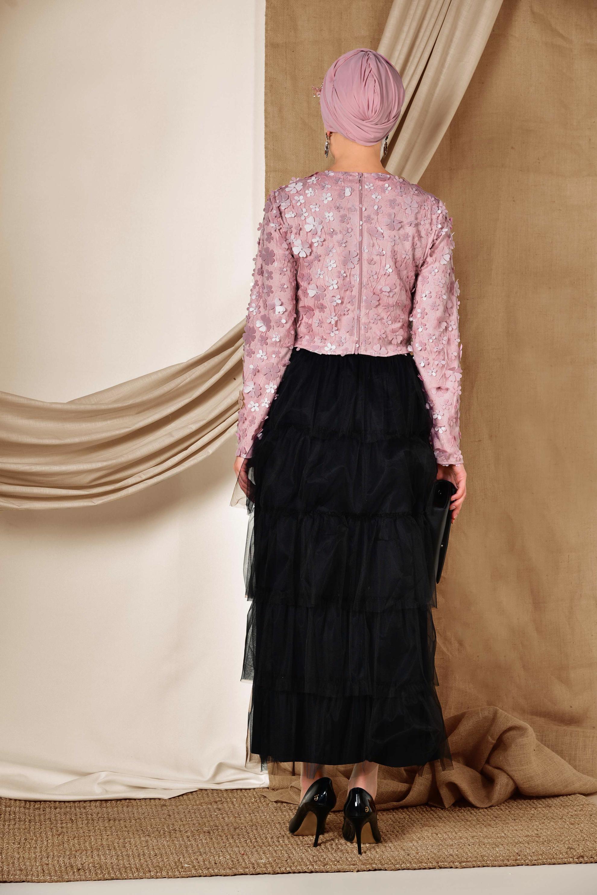 Tesettür giyim PUDRA ÜÇ BOYUTLU ÇİÇEK DETAYLI  ABİYE BLUZ 4064 