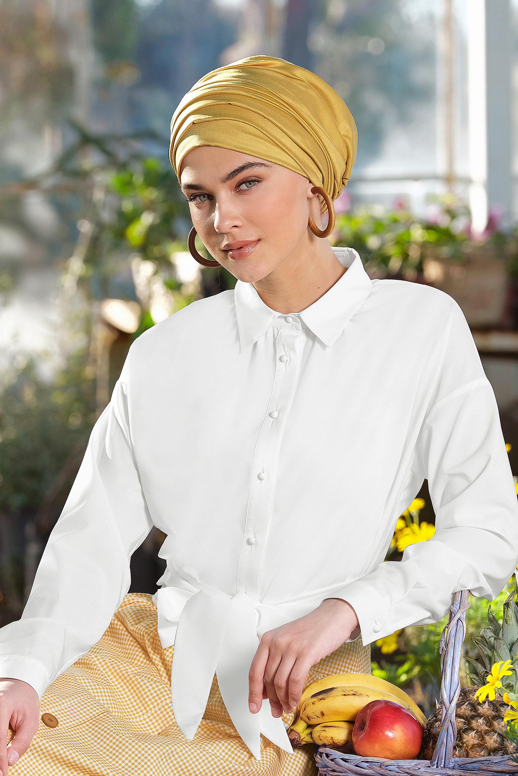 Tesettür giyim BEYAZ ÖNDEN DÜĞMELİ BELİ KUŞAKLI BLUZ 4077