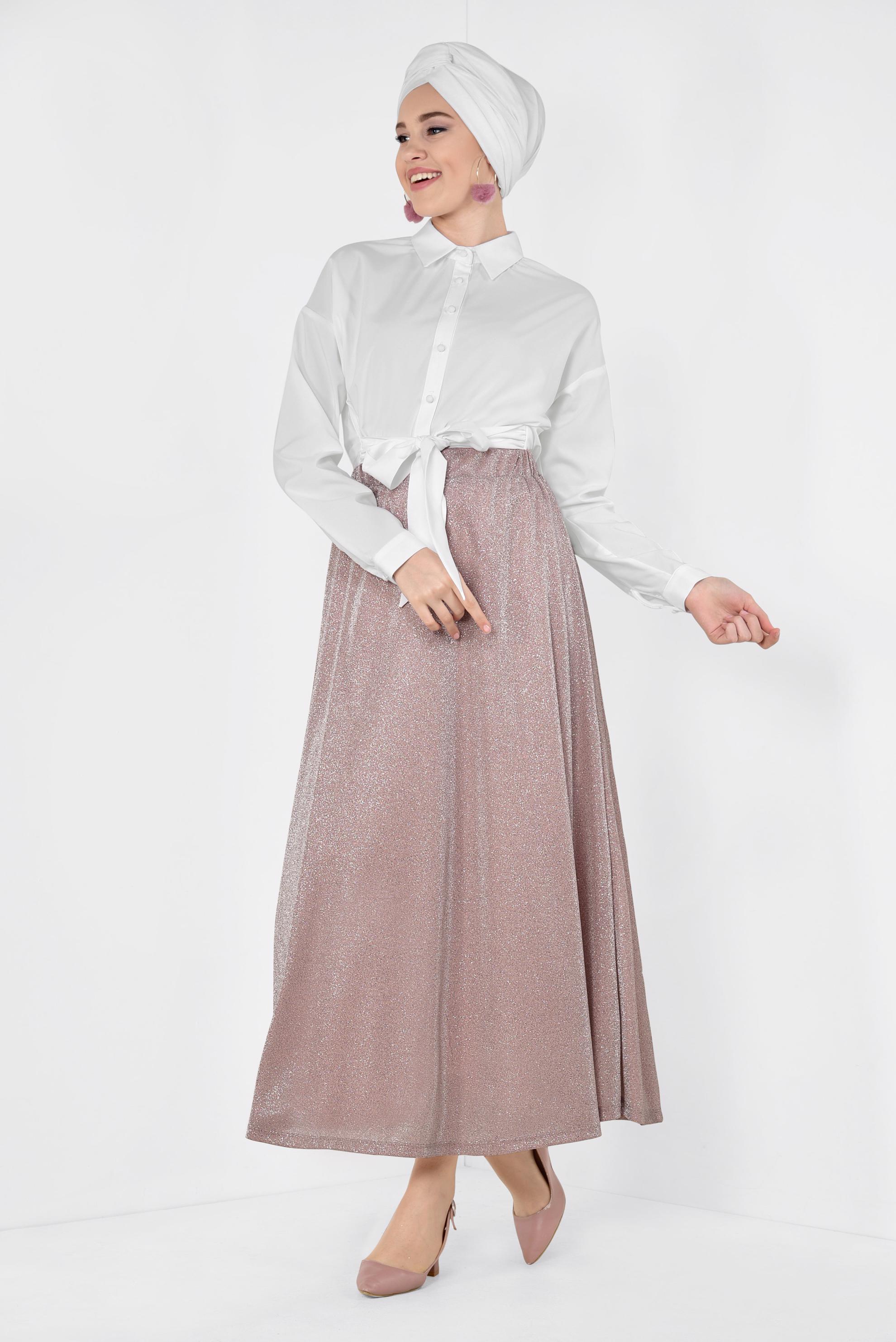 Tesettür giyim BEYAZ ÖNDEN DÜĞMELİ BELİ KUŞAKLI BLUZ 4077