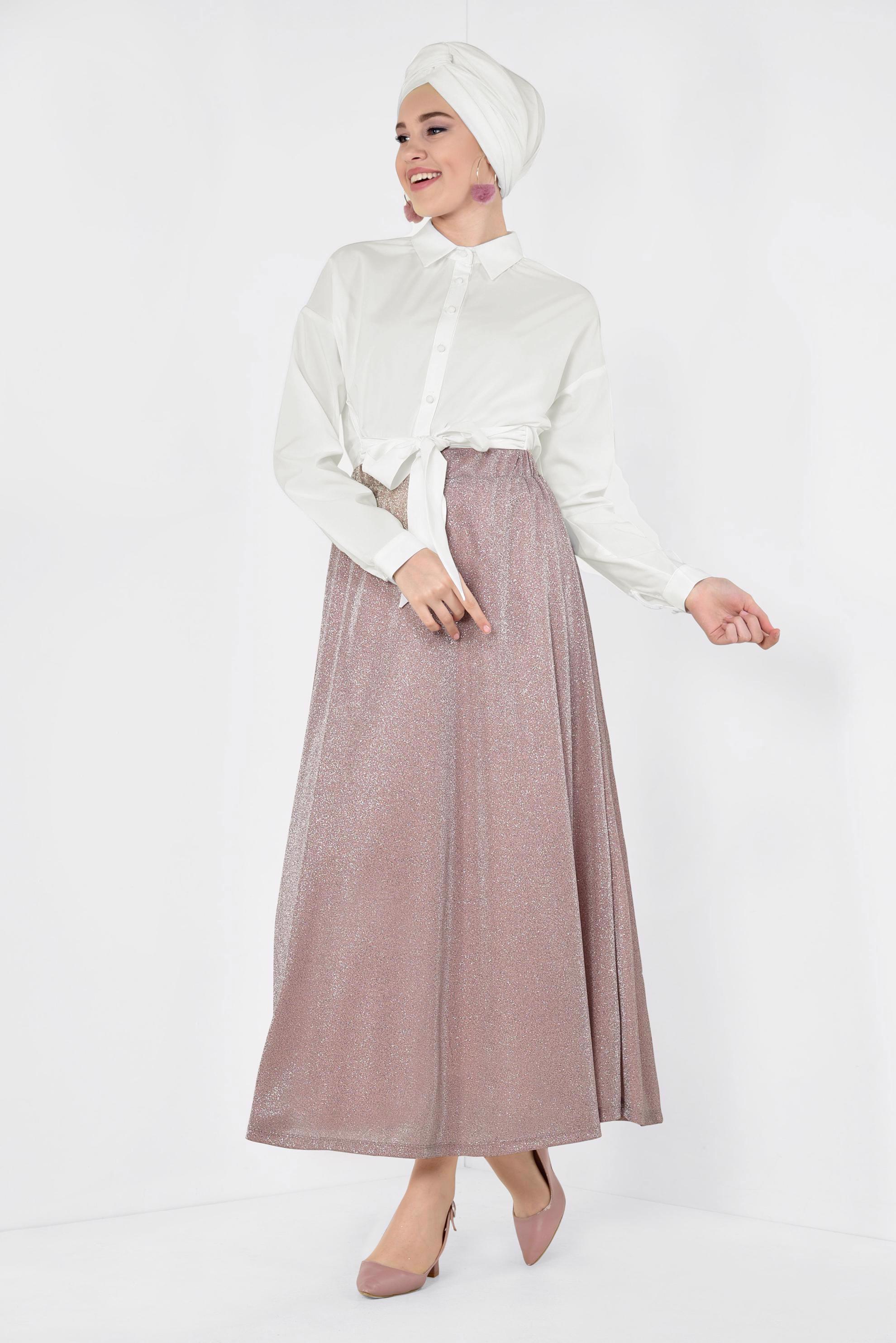 Tesettür giyim BEYAZ ÖNDEN DÜĞMELİ BELİ KUŞAKLI BLUZ 4077