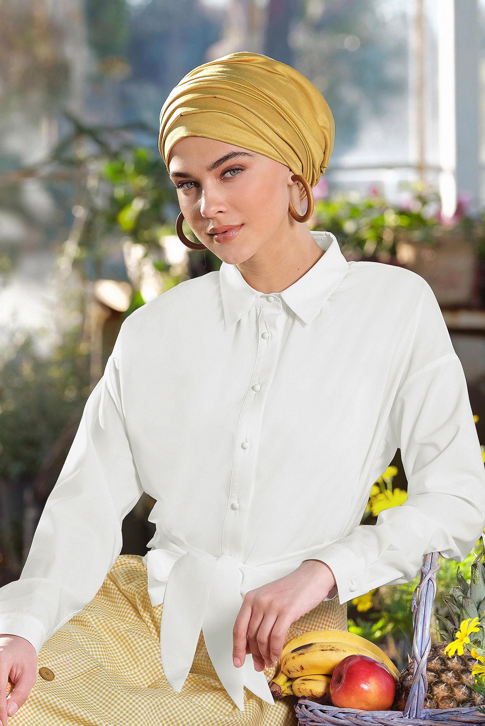 Tesettür giyim BEYAZ ÖNDEN DÜĞMELİ BELİ KUŞAKLI BLUZ 4077