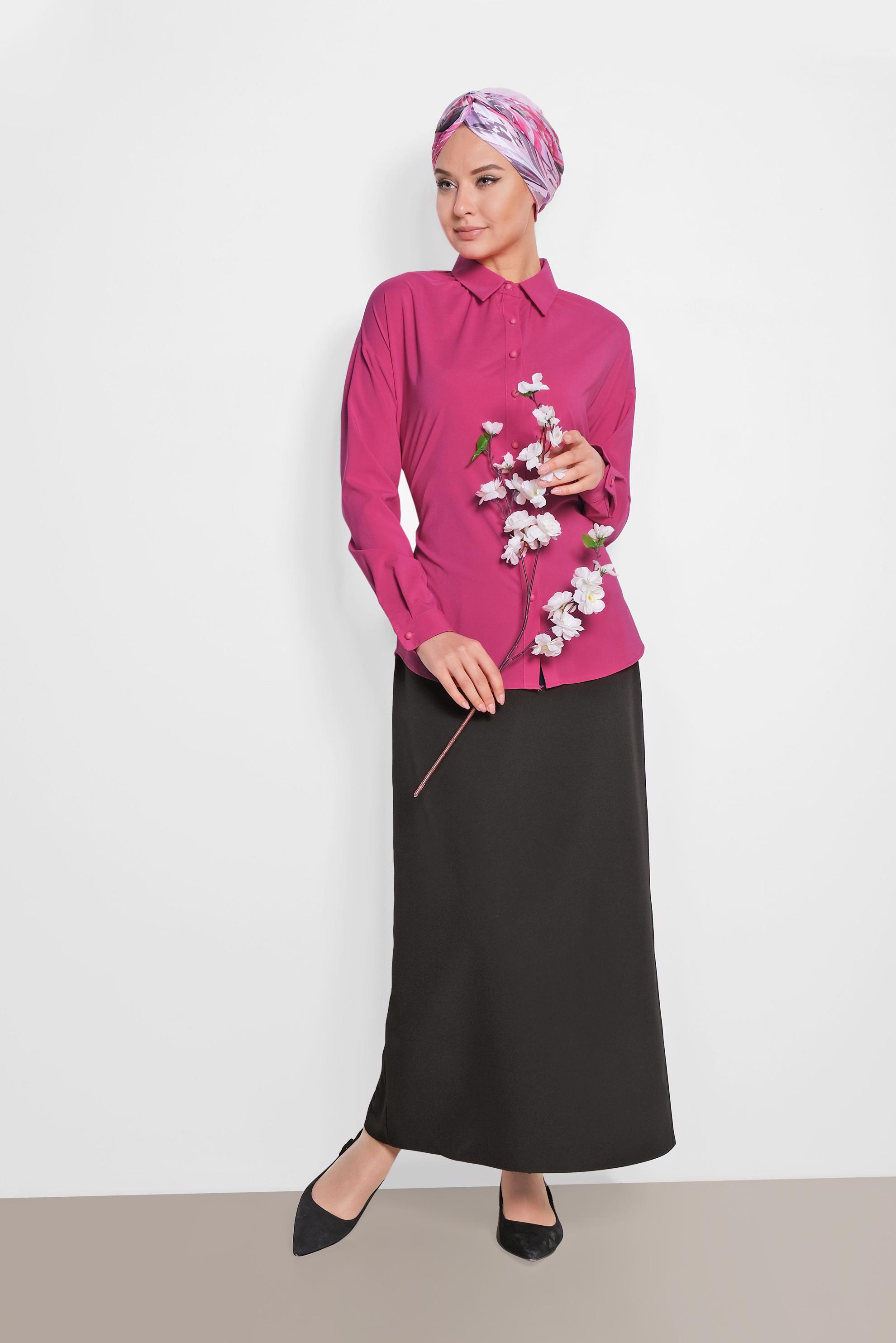 Tesettür giyim FUŞYA ÖNDEN DÜĞMELİ BELİ KUŞAKLI BLUZ 4077