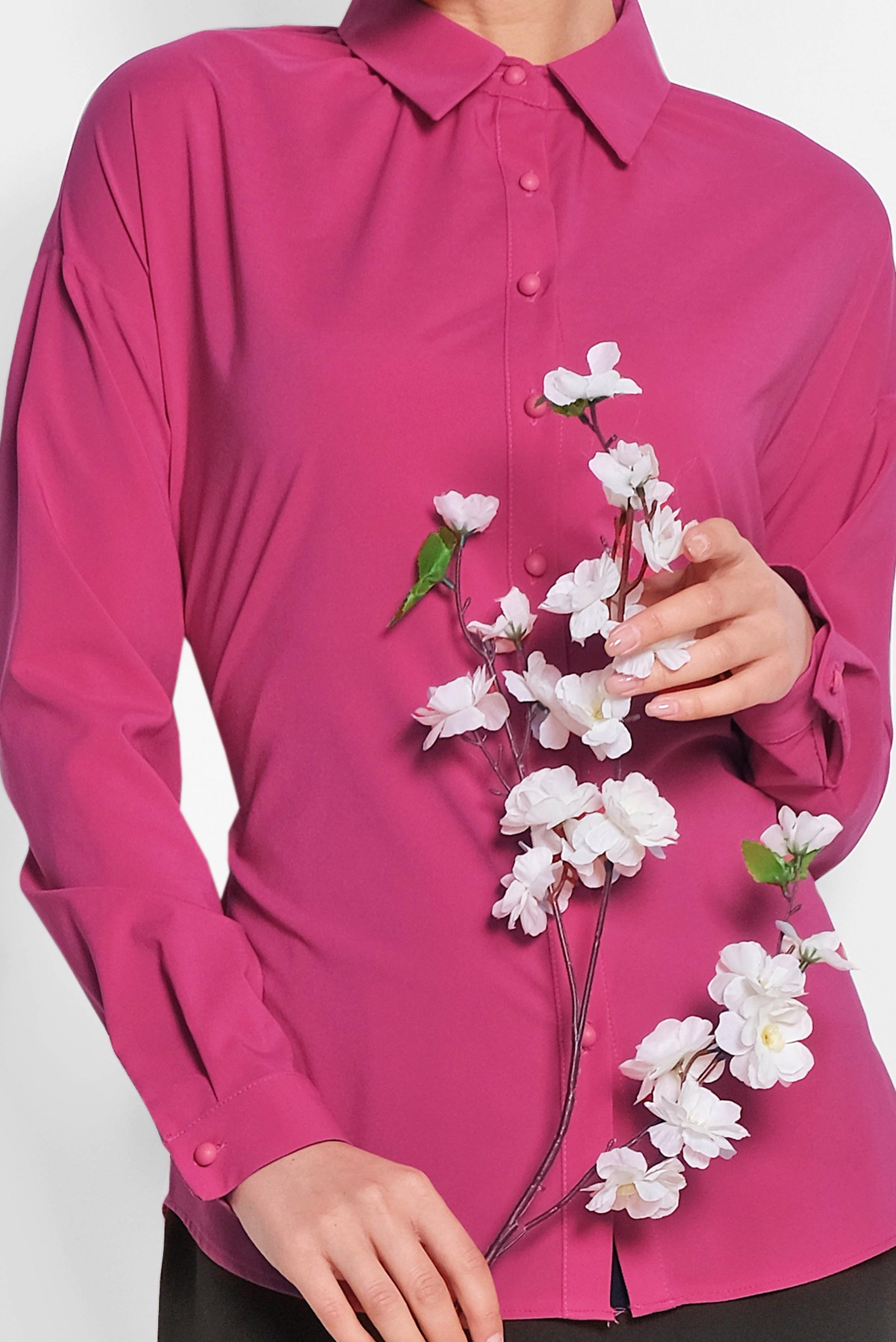 Tesettür giyim FUŞYA ÖNDEN DÜĞMELİ BELİ KUŞAKLI BLUZ 4077