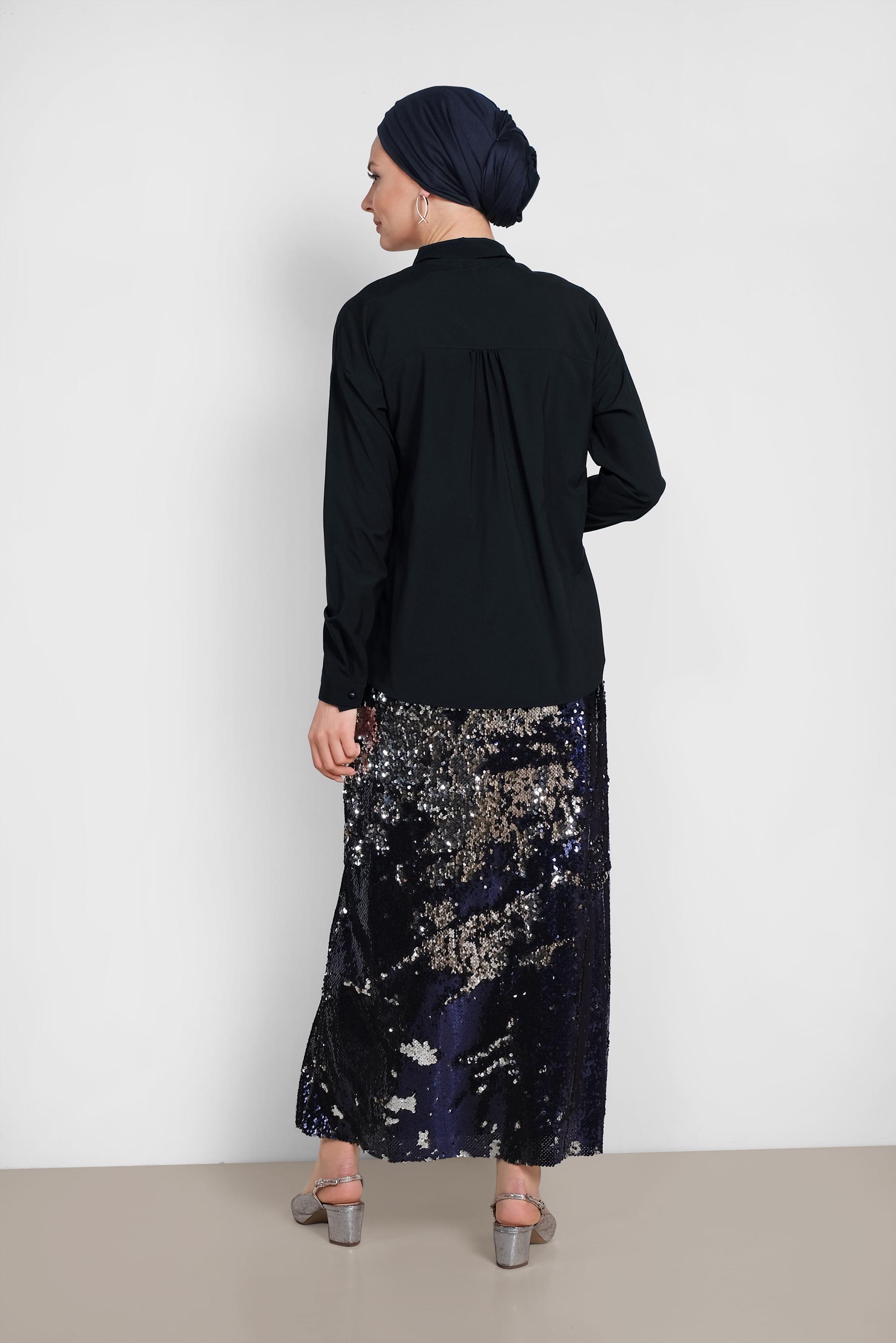 Tesettür giyim LACİVERT ÖNDEN DÜĞMELİ BELİ KUŞAKLI BLUZ 4077