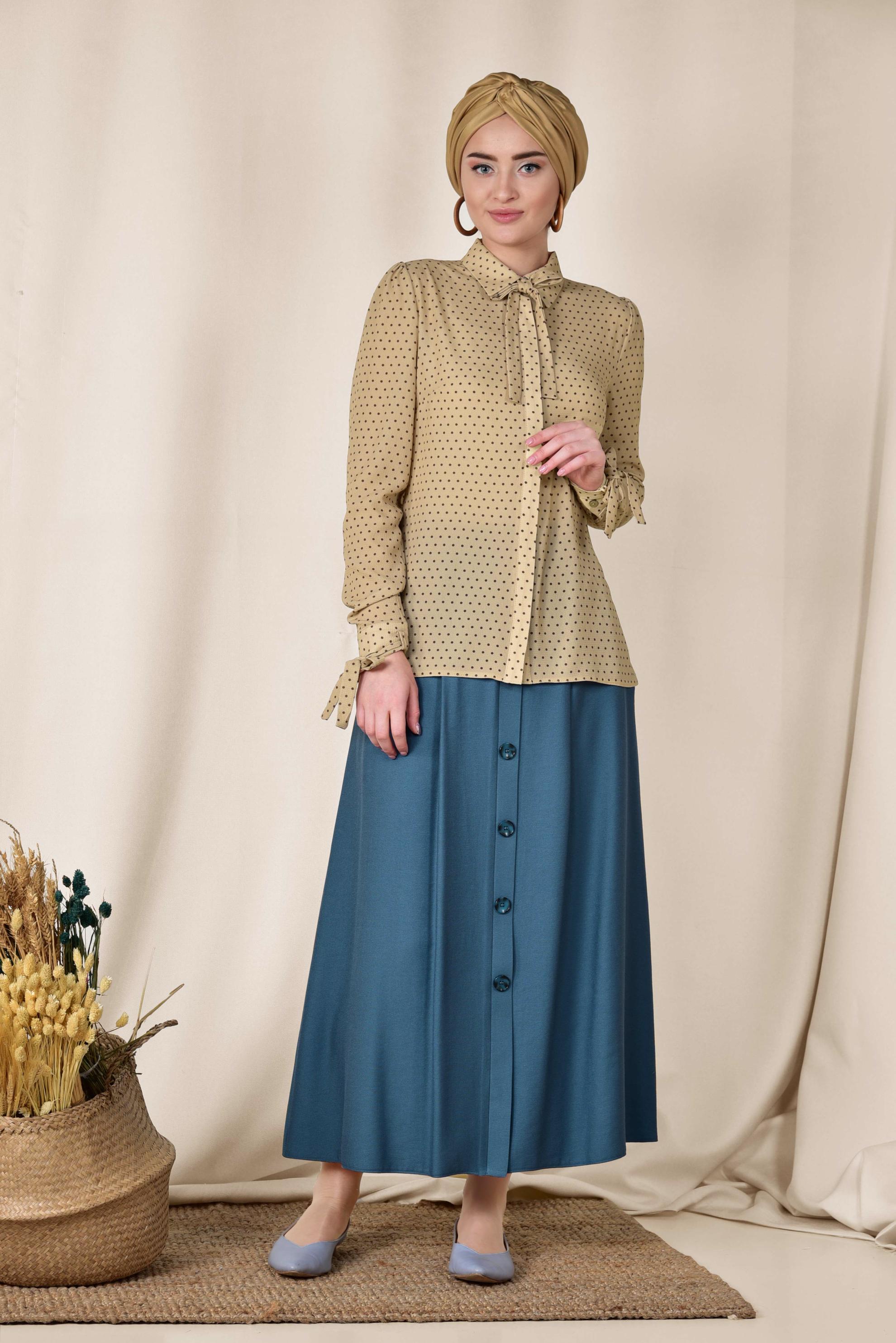 Tesettür giyim KAHVE PUANTİYE DESENLİ BAĞCIKLI BLUZ 4081