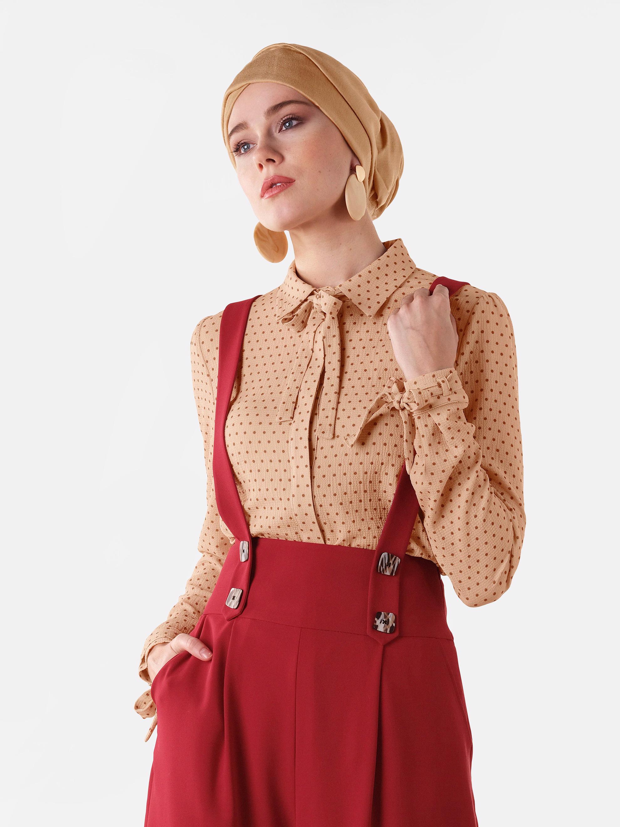 Tesettür giyim PUDRA PUANTİYE DESENLİ BAĞCIKLI BLUZ 4081