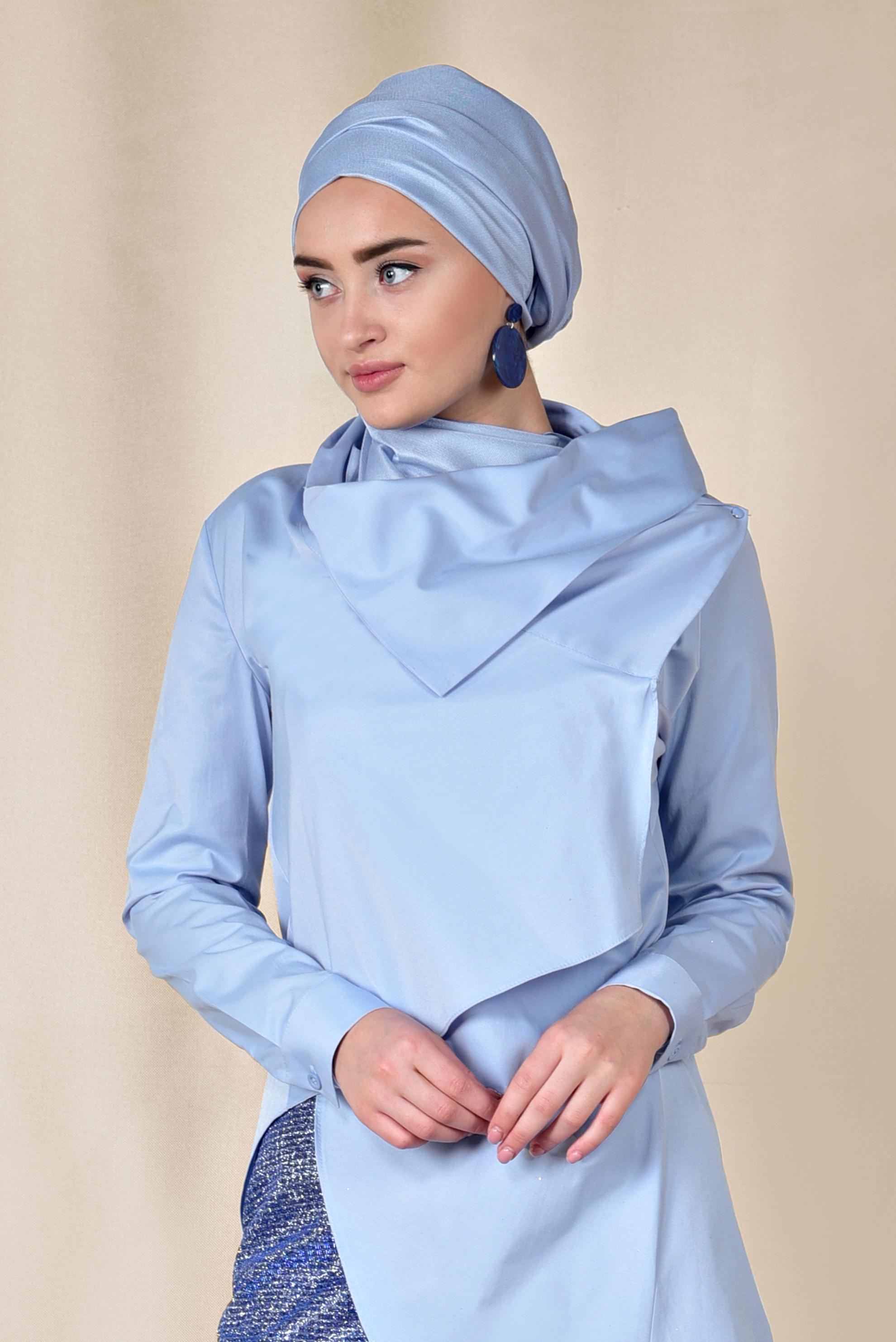 Tesettür giyim MAVİ YAKASI DÜĞMELİ ASİMETRİK BLUZ 4096 