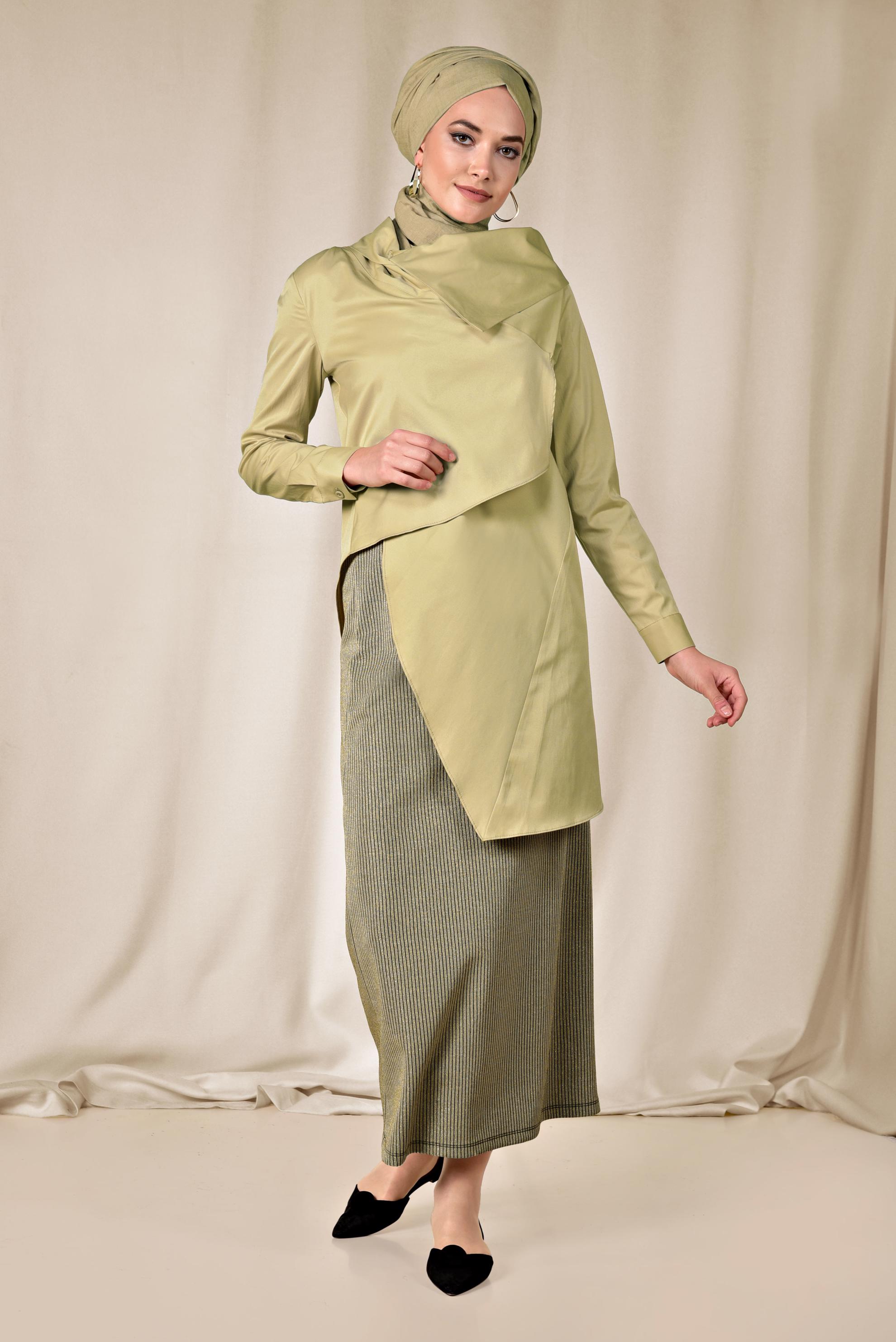 Tesettür giyim SARI YAKASI DÜĞMELİ ASİMETRİK BLUZ 4096 