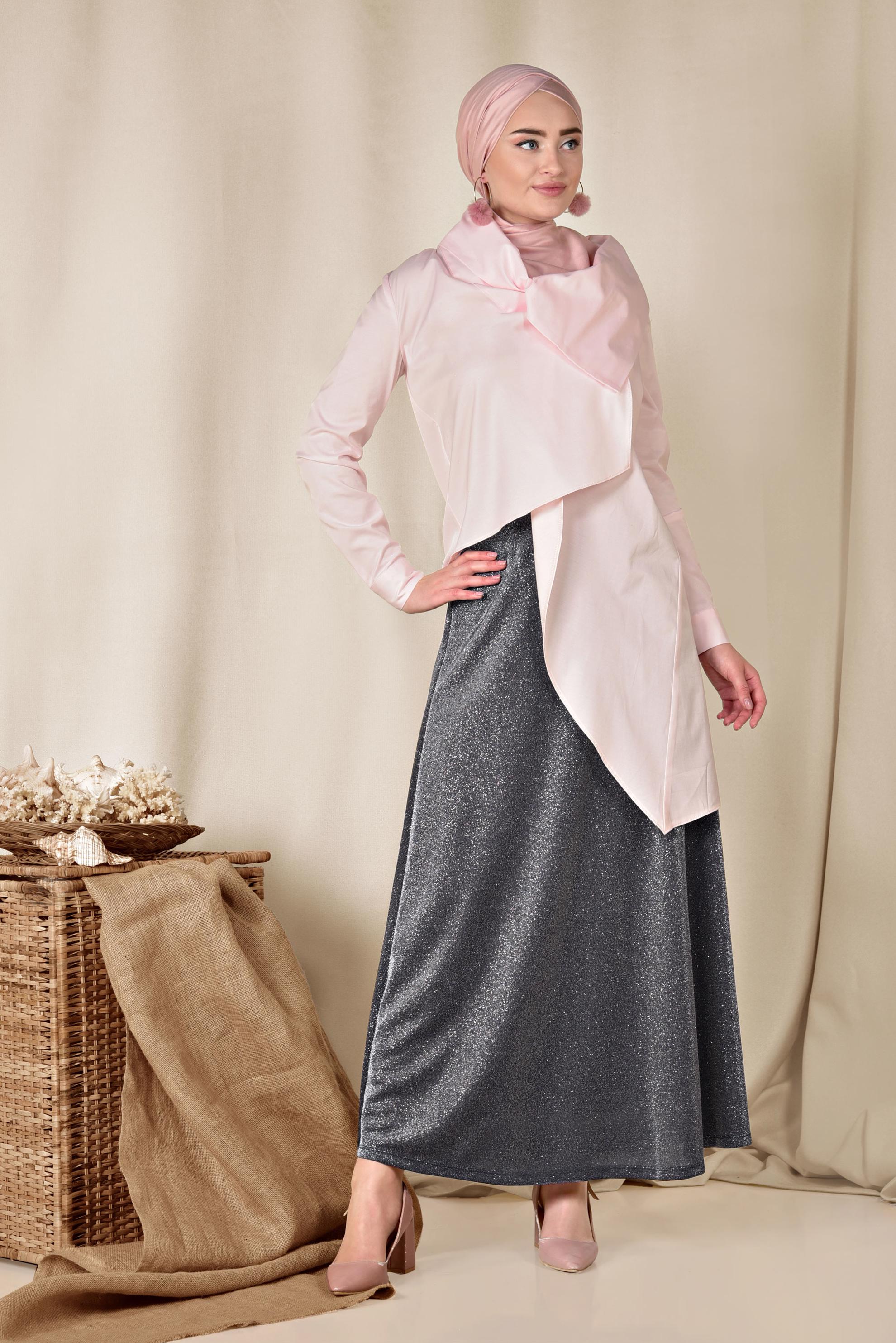 Tesettür giyim PEMBE YAKASI DÜĞMELİ ASİMETRİK BLUZ 4096 