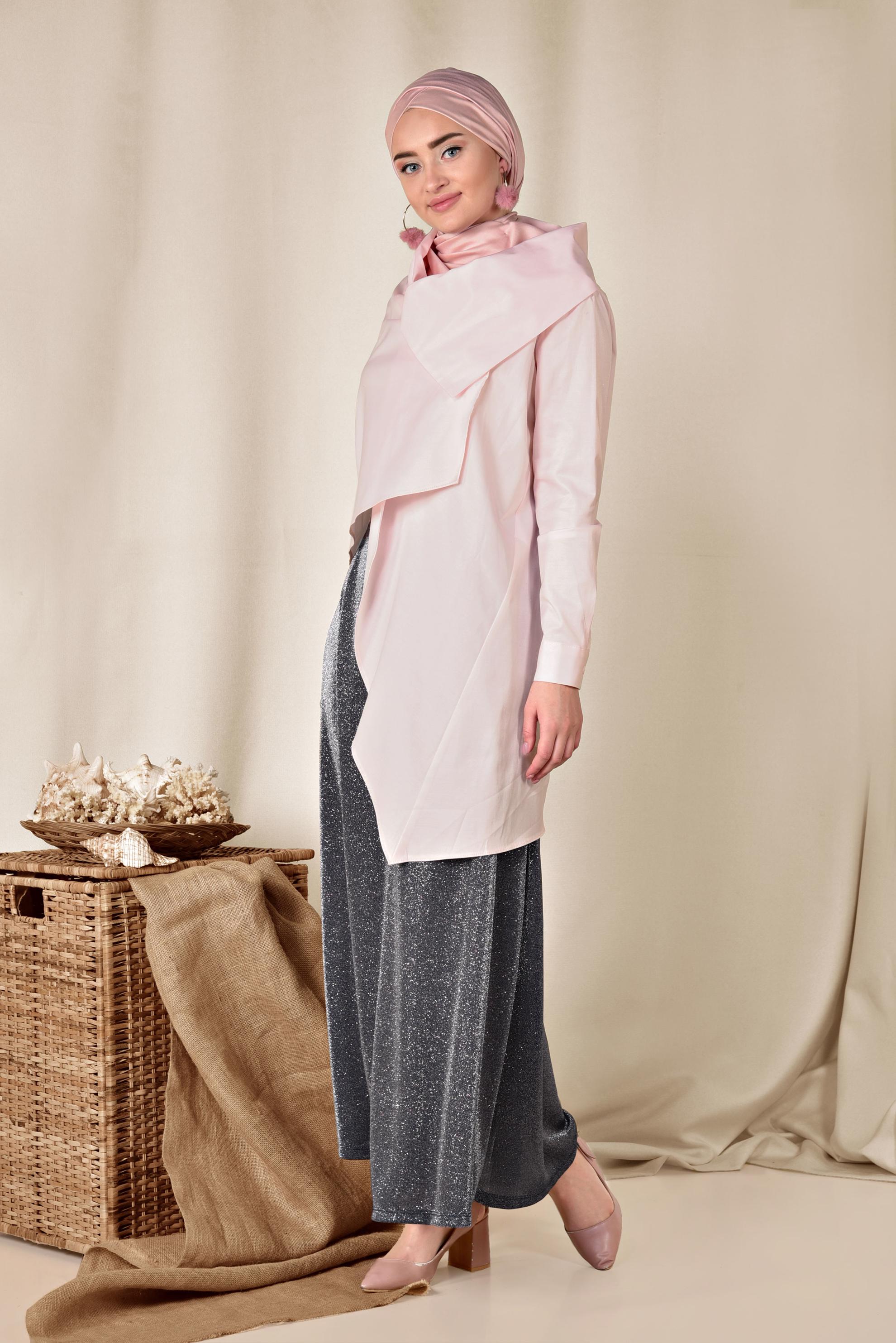 Tesettür giyim PEMBE YAKASI DÜĞMELİ ASİMETRİK BLUZ 4096 