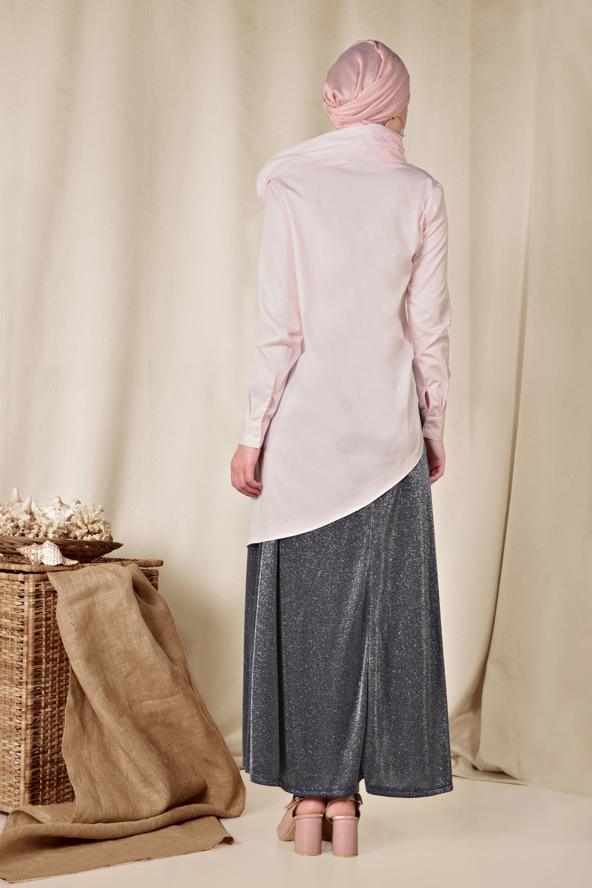 Tesettür giyim PEMBE YAKASI DÜĞMELİ ASİMETRİK BLUZ 4096 