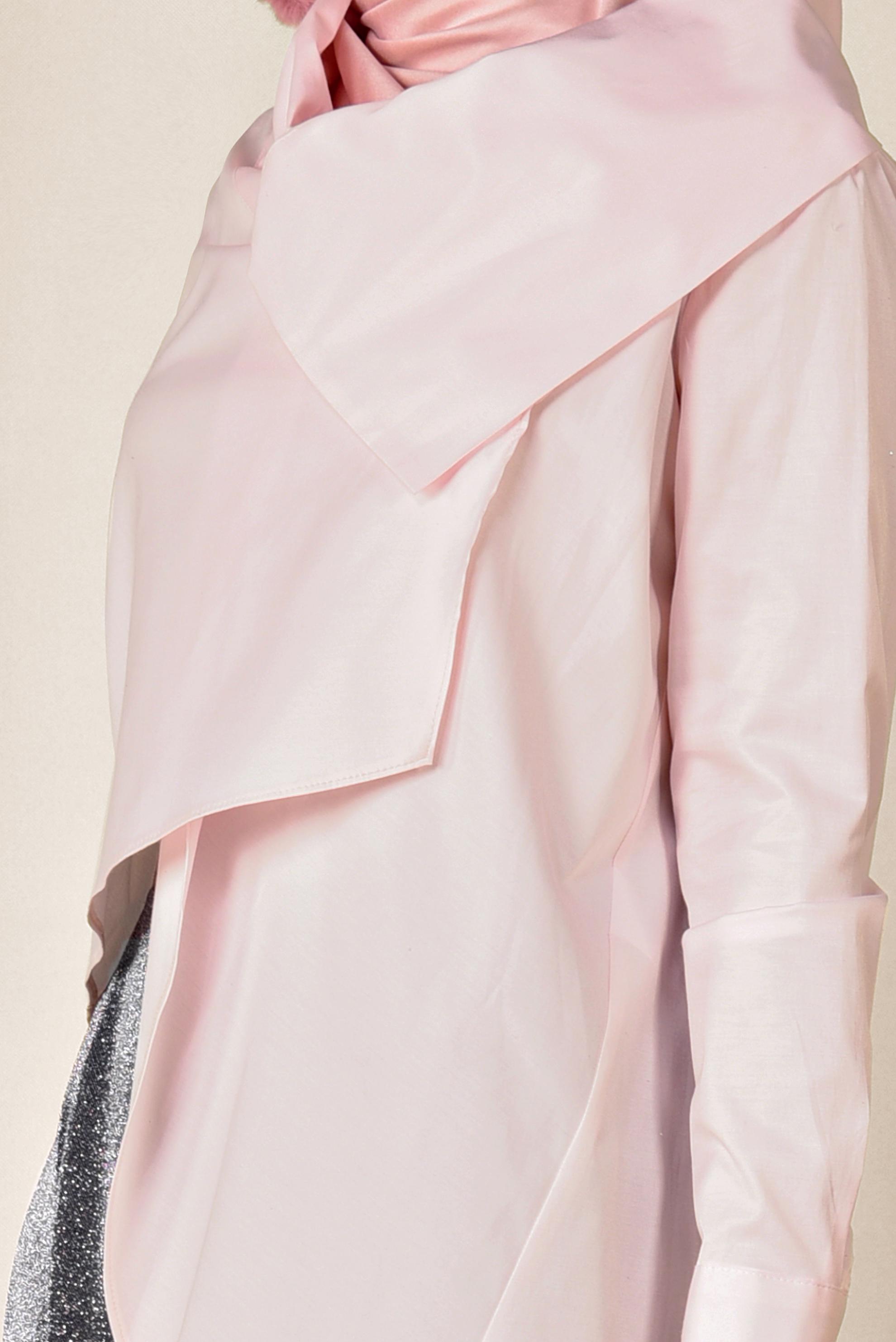 Tesettür giyim PEMBE YAKASI DÜĞMELİ ASİMETRİK BLUZ 4096 