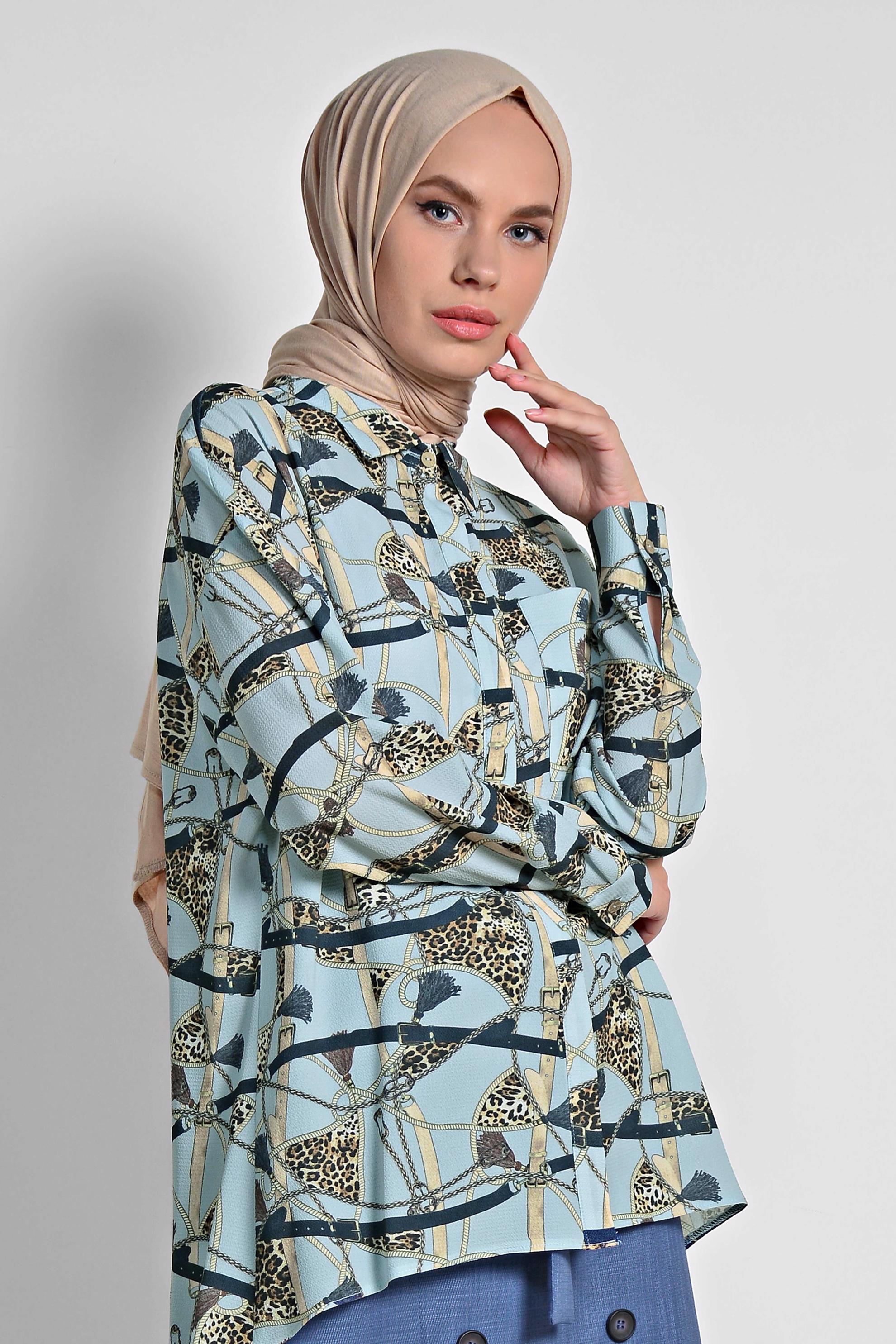 Tesettür giyim MAVİ MİX DESENLİ BLUZ 4116