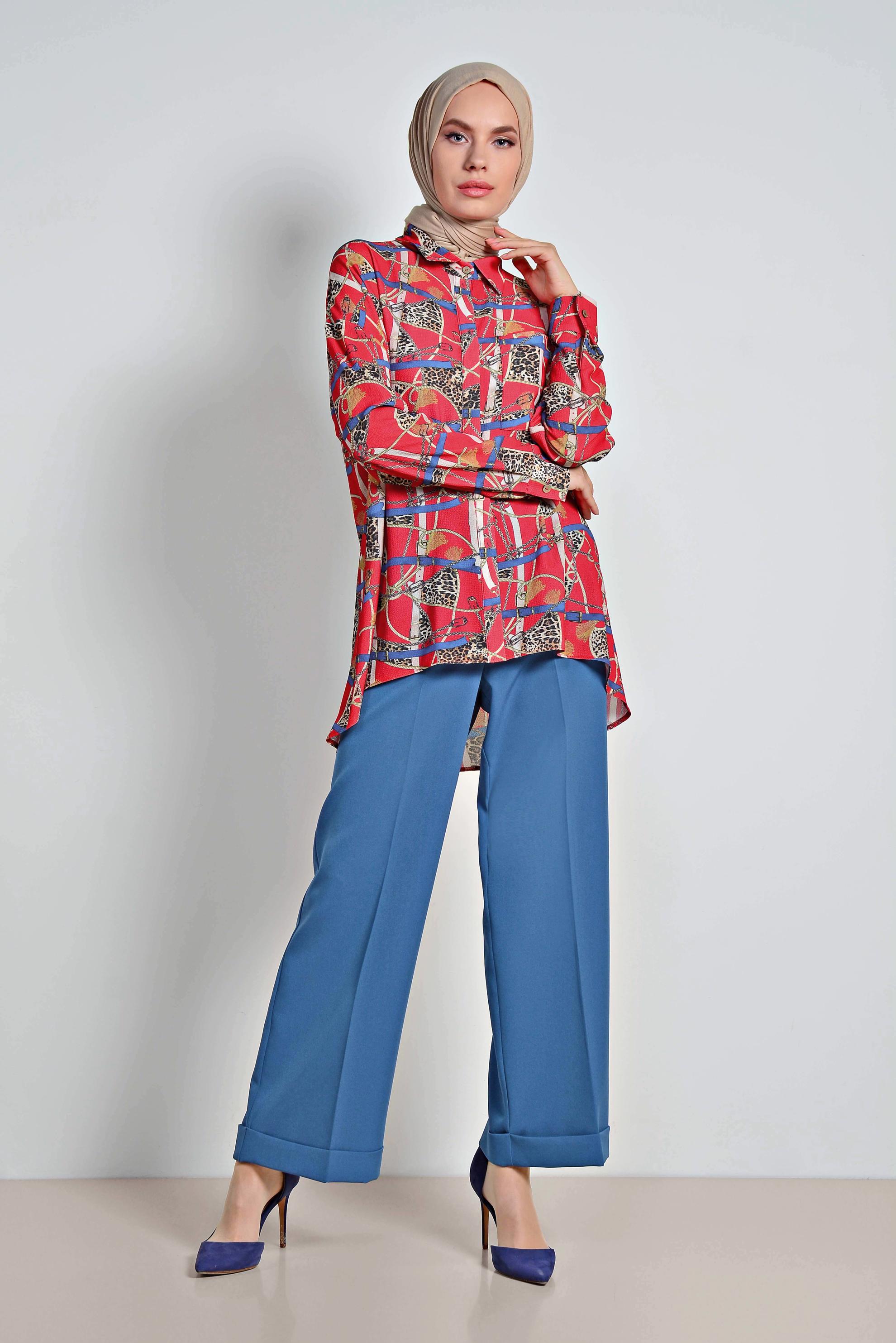 Tesettür giyim KIRMIZI MİX DESENLİ BLUZ 4116