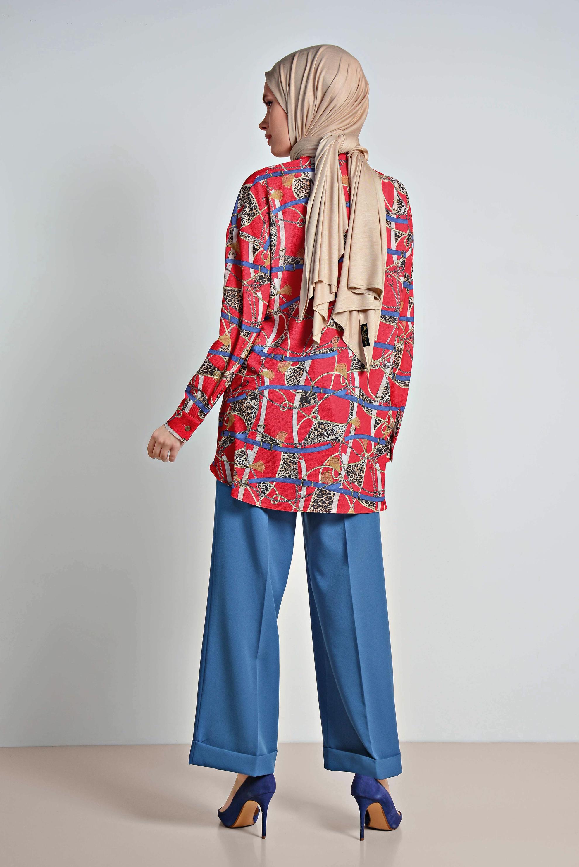 Tesettür giyim KIRMIZI MİX DESENLİ BLUZ 4116