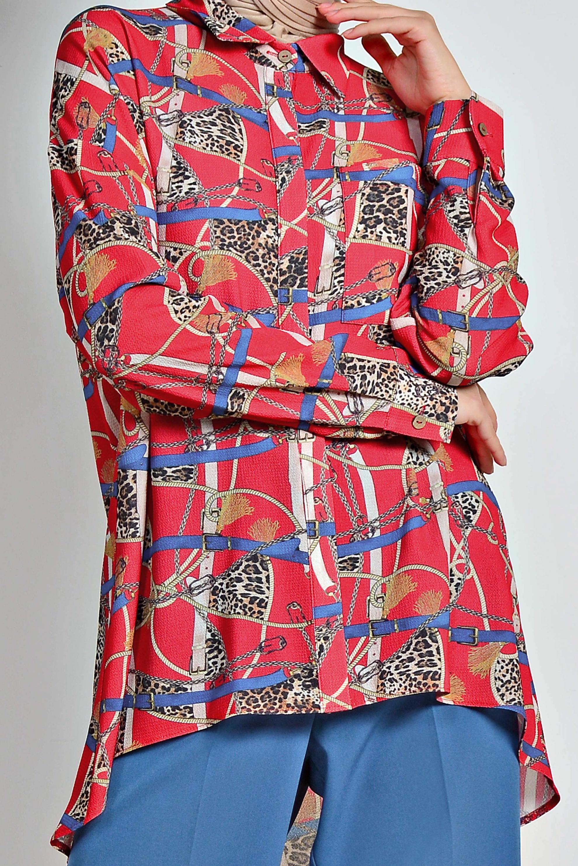 Tesettür giyim KIRMIZI MİX DESENLİ BLUZ 4116