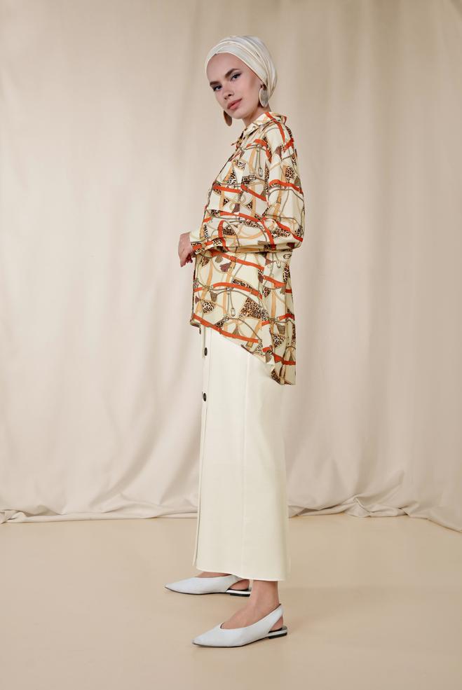 Tesettür giyim BEJ MİX DESENLİ BLUZ 4116 - ALVİNA