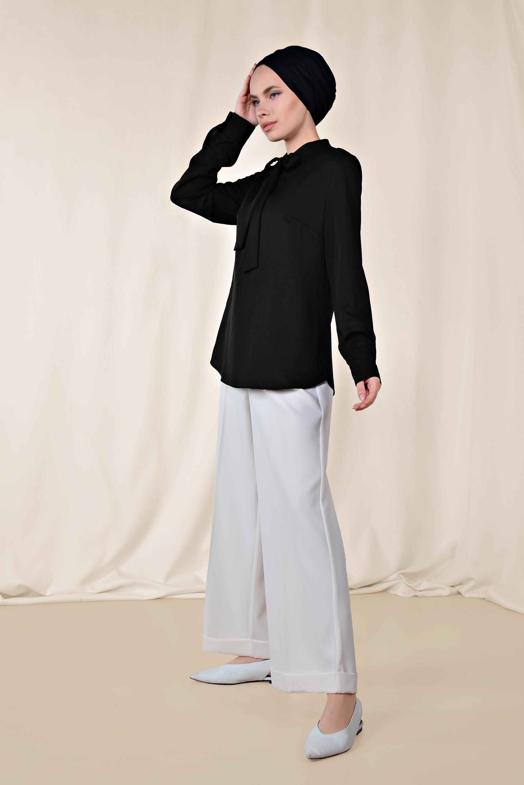 Tesettür giyim SİYAH YAKASI BAĞCIKLI BLUZ 4163