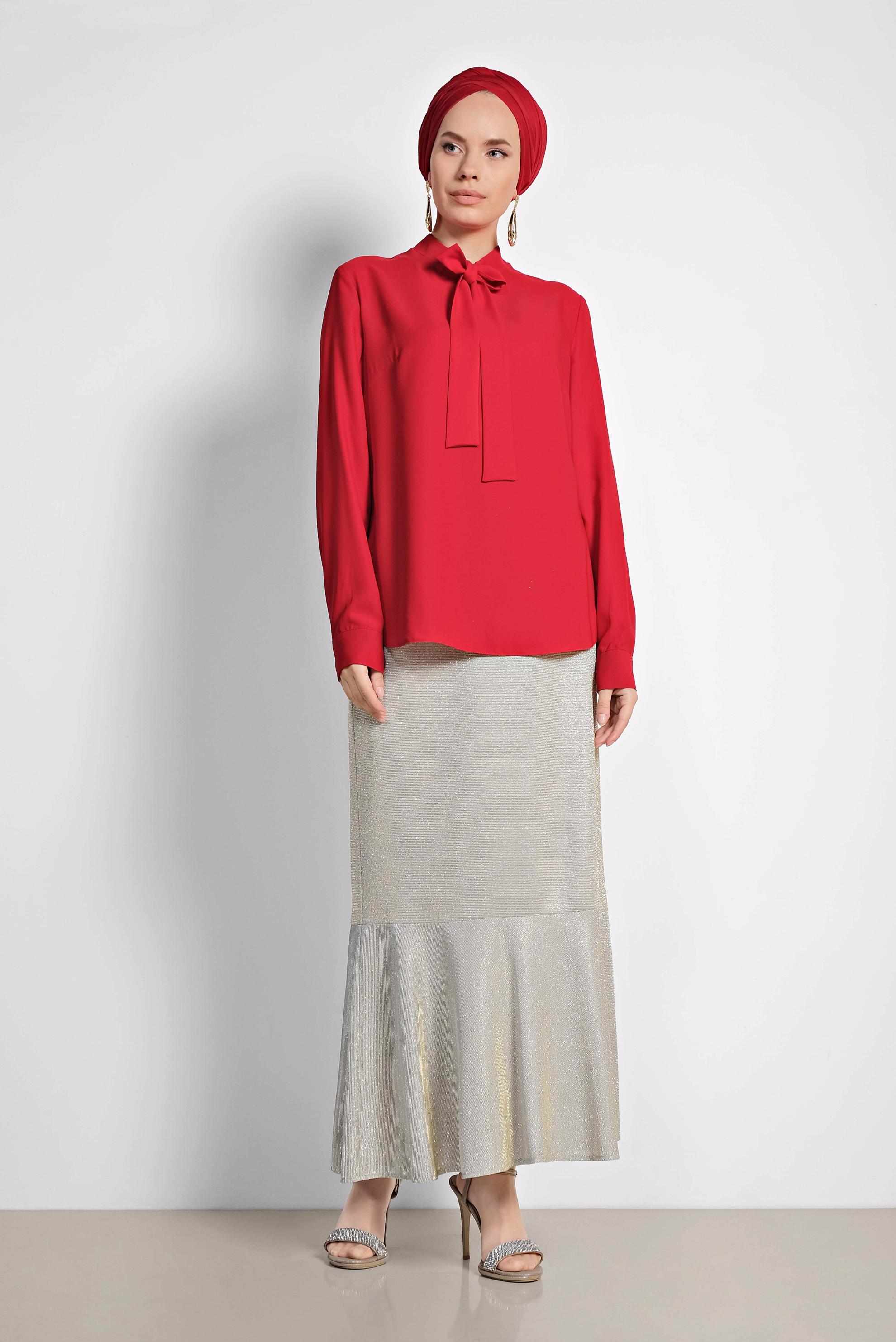 Tesettür giyim KIRMIZI YAKASI BAĞCIKLI BLUZ 4163