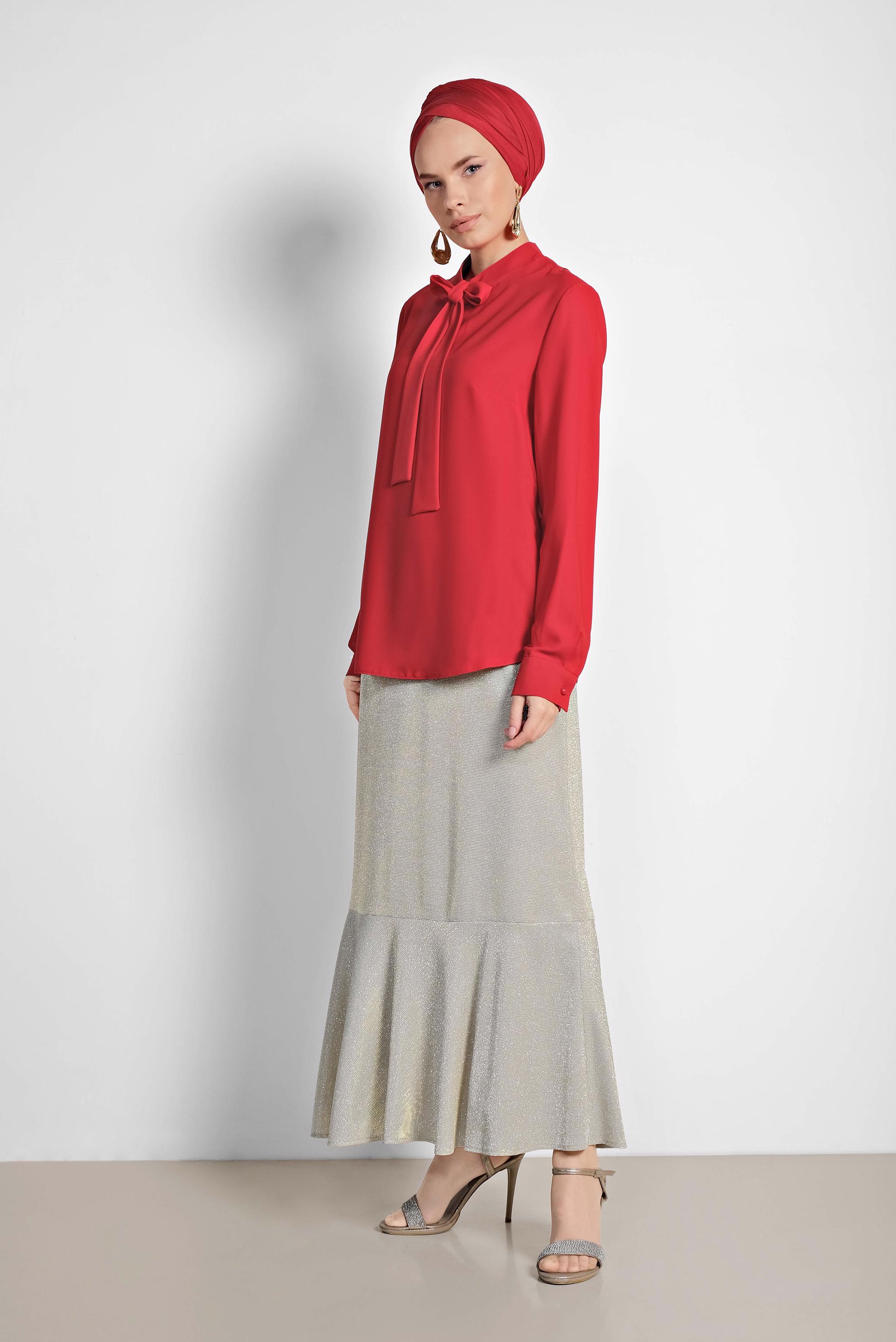 Tesettür giyim KIRMIZI YAKASI BAĞCIKLI BLUZ 4163