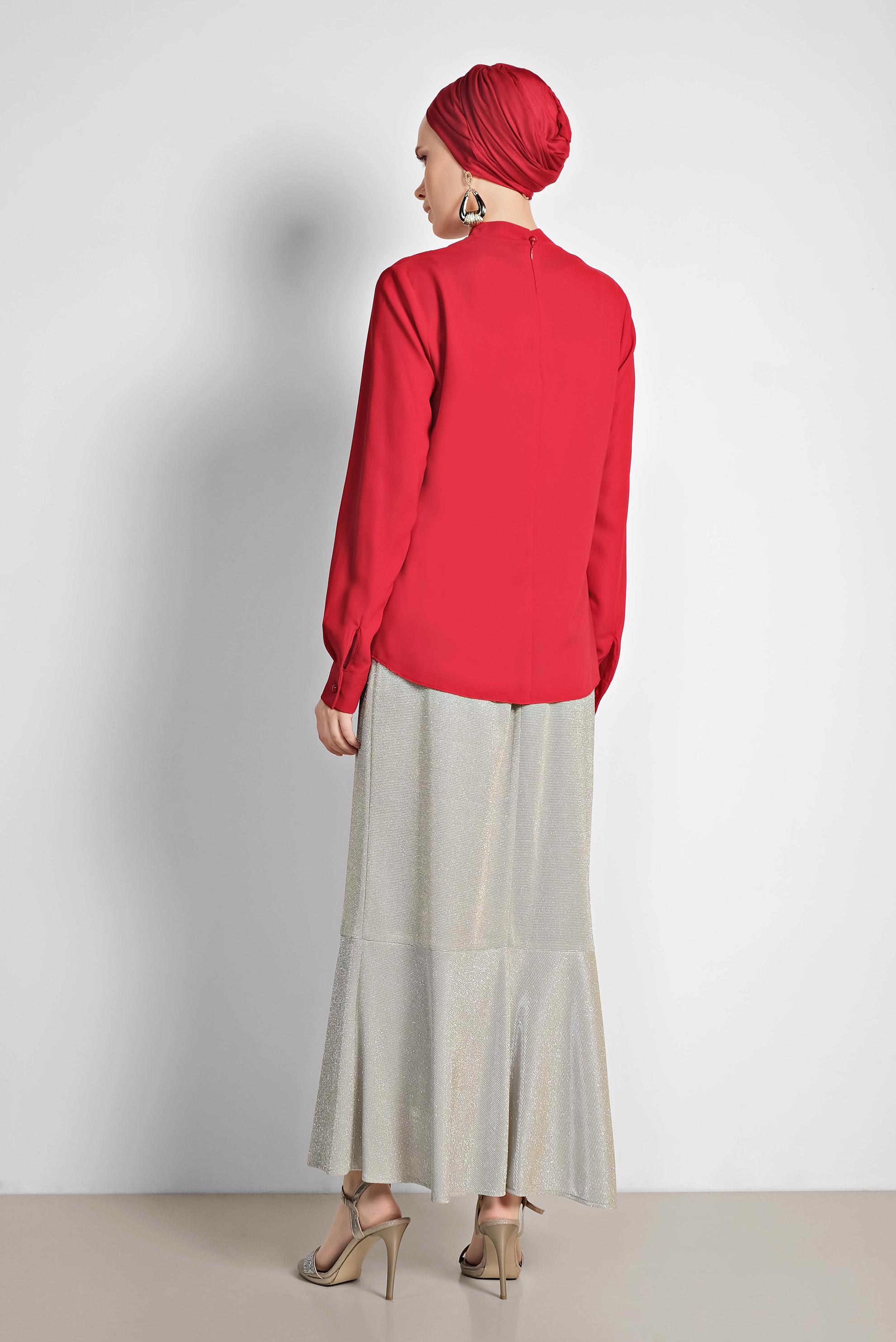 Tesettür giyim KIRMIZI YAKASI BAĞCIKLI BLUZ 4163