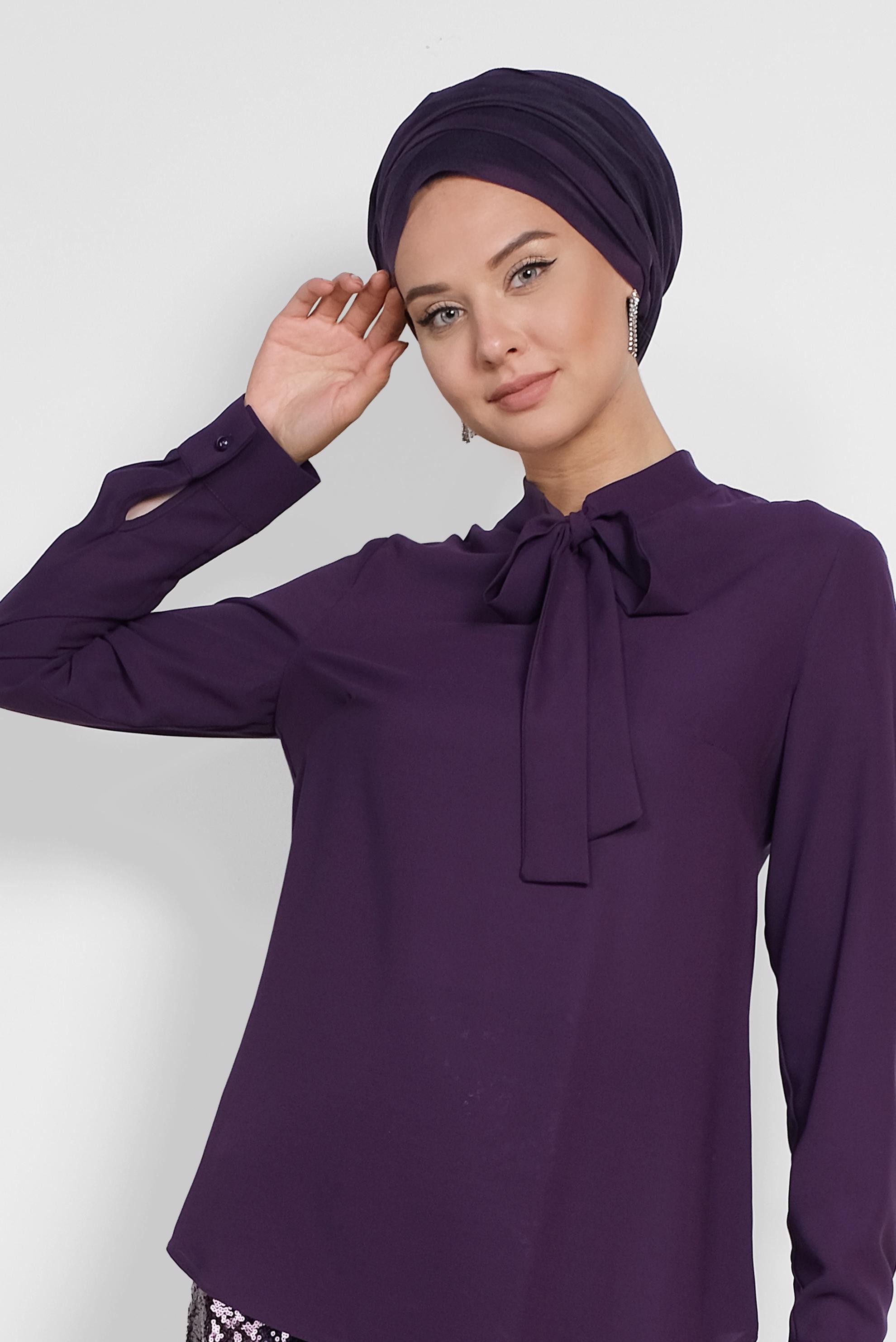 Tesettür giyim MOR YAKASI BAĞCIKLI BLUZ 4163