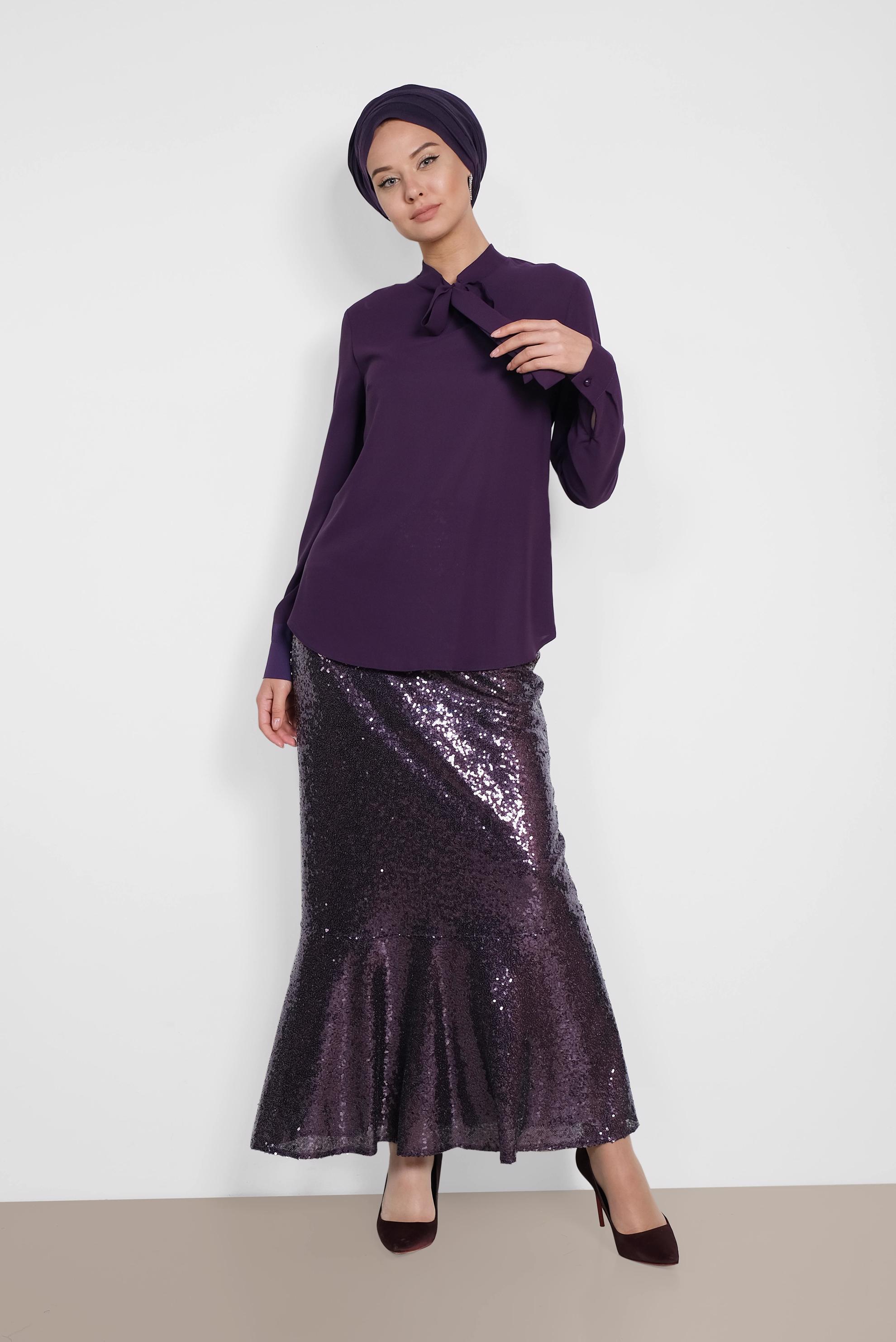 Tesettür giyim MOR YAKASI BAĞCIKLI BLUZ 4163