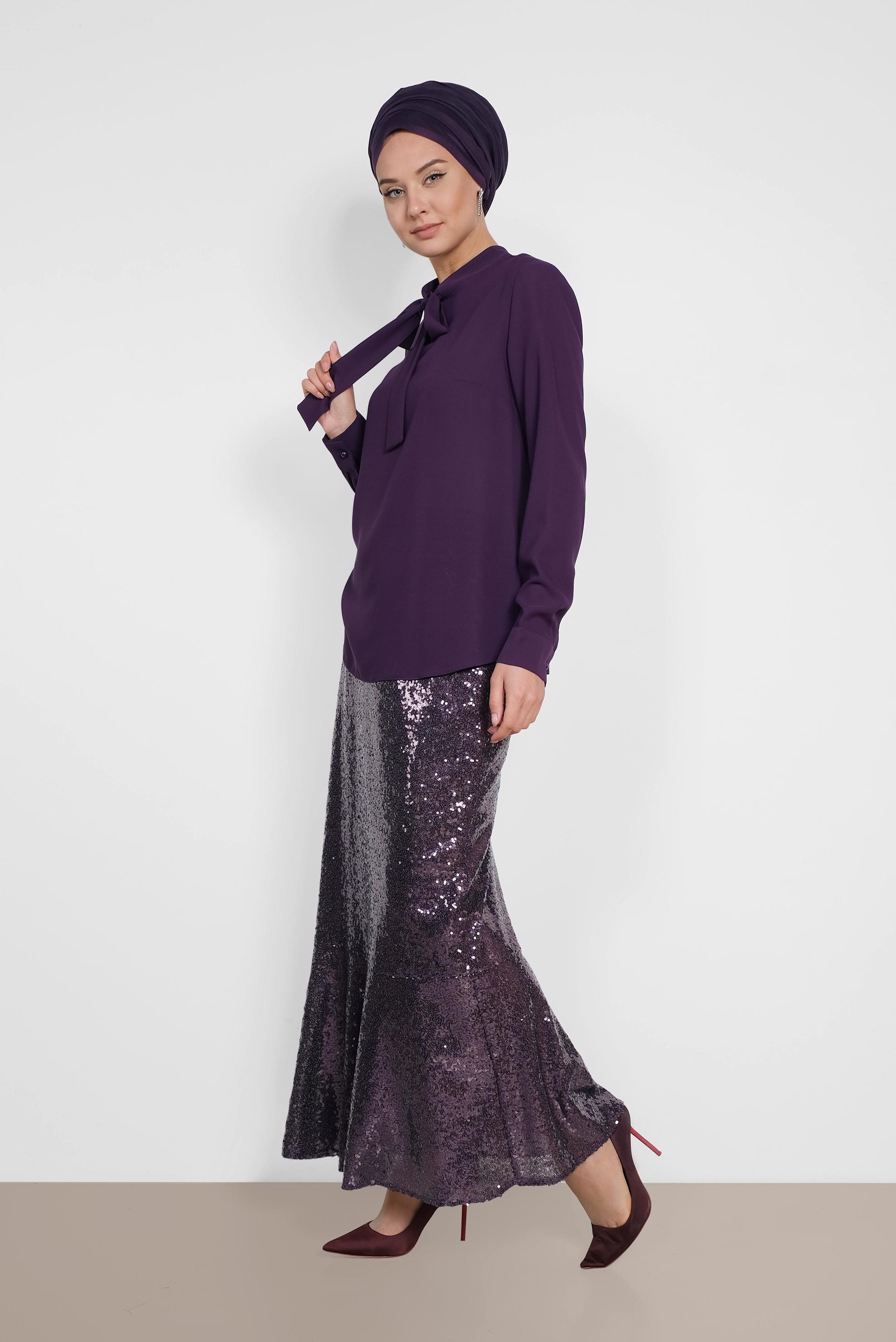 Tesettür giyim MOR YAKASI BAĞCIKLI BLUZ 4163