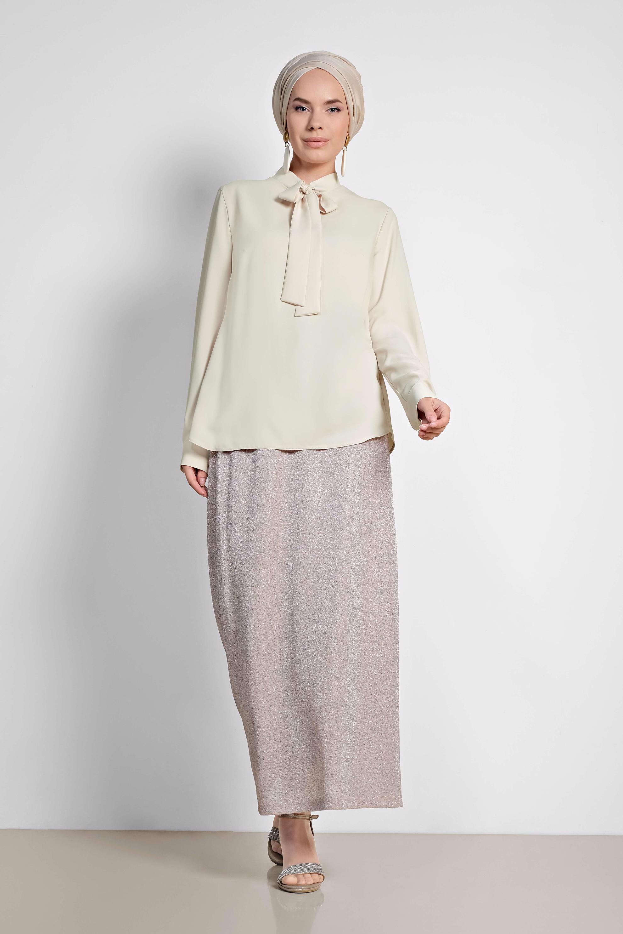 Tesettür giyim EKRU YAKASI BAĞCIKLI BLUZ 4163