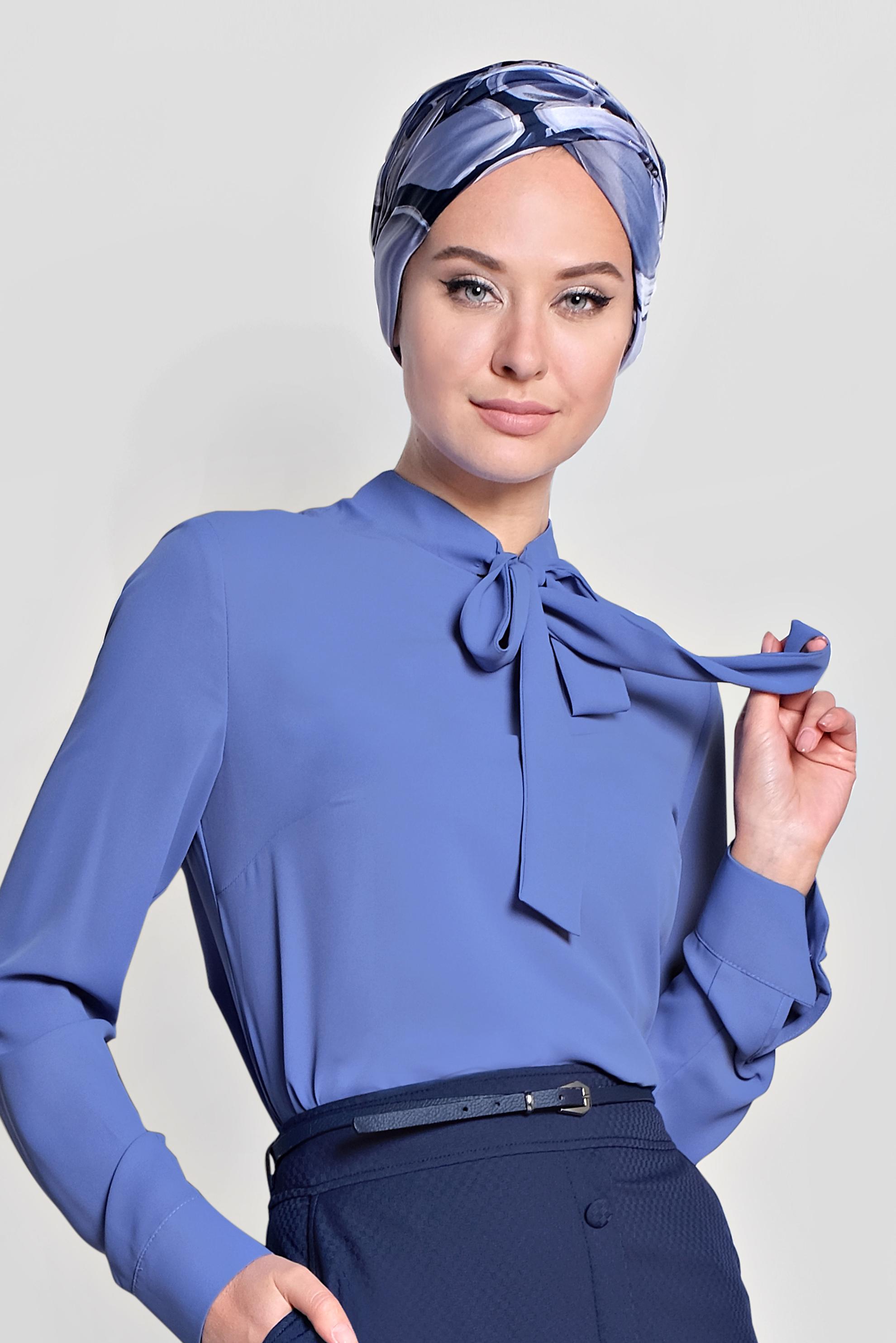 Tesettür giyim MAVİ YAKASI BAĞCIKLI BLUZ 4163