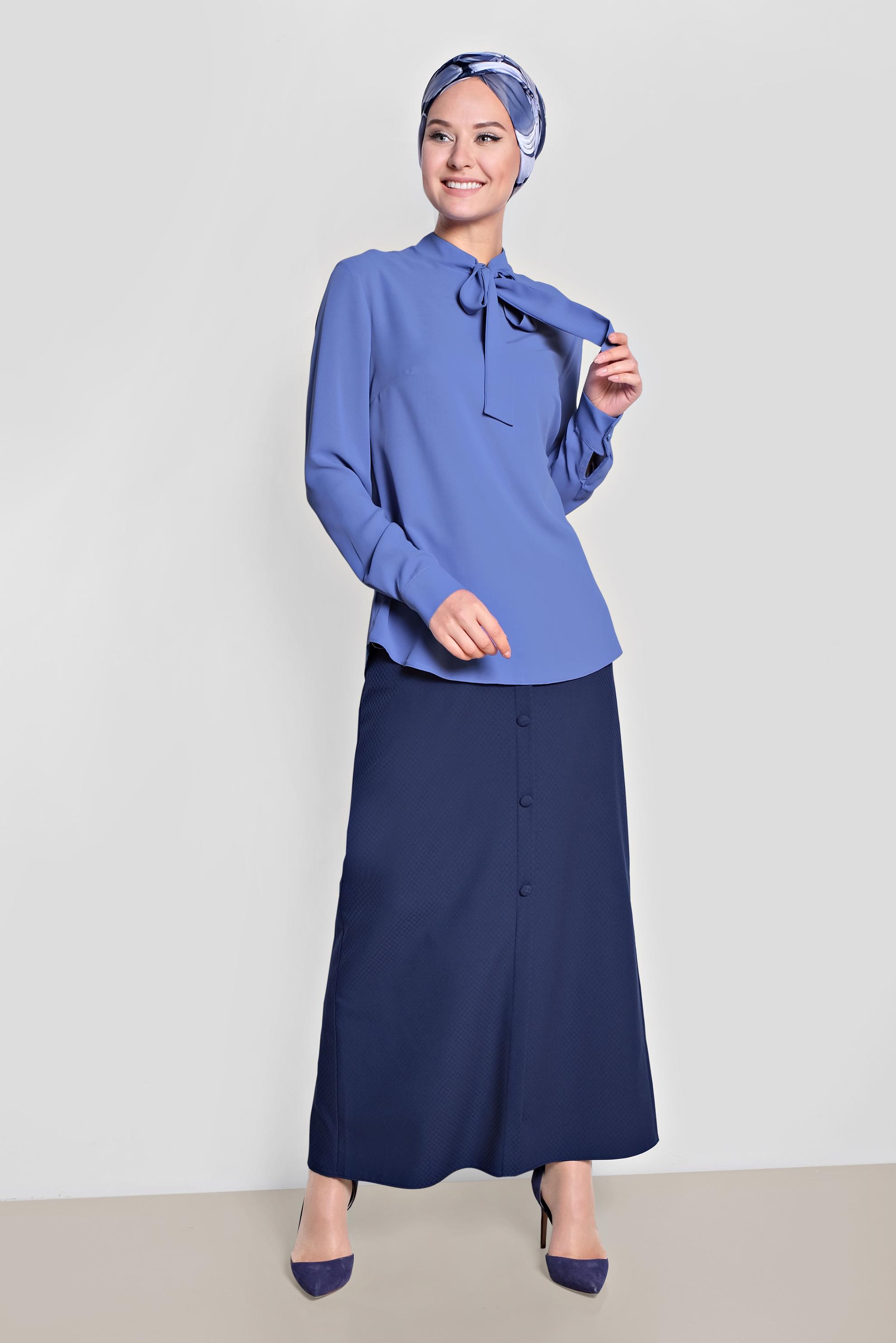 Tesettür giyim MAVİ YAKASI BAĞCIKLI BLUZ 4163