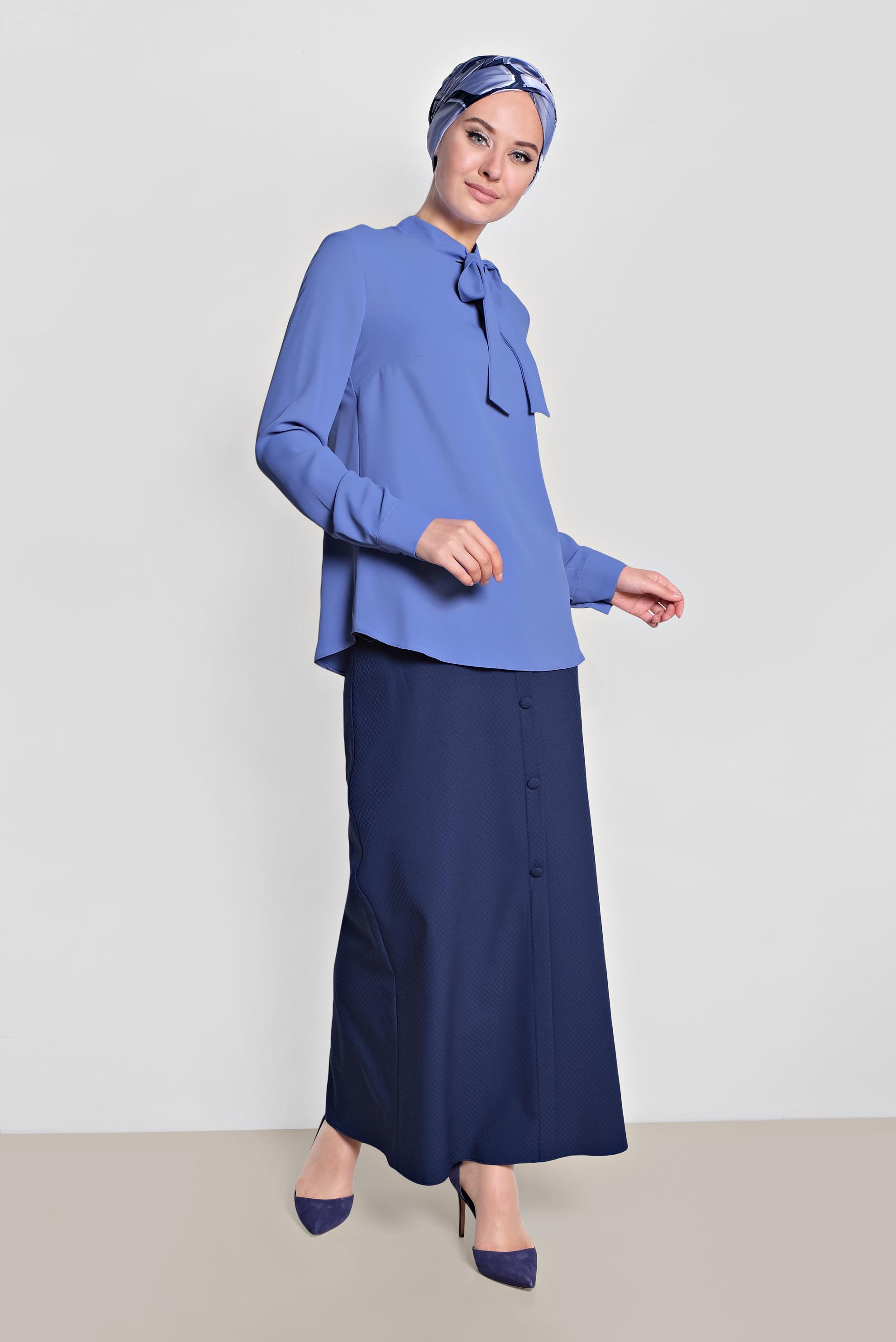 Tesettür giyim MAVİ YAKASI BAĞCIKLI BLUZ 4163