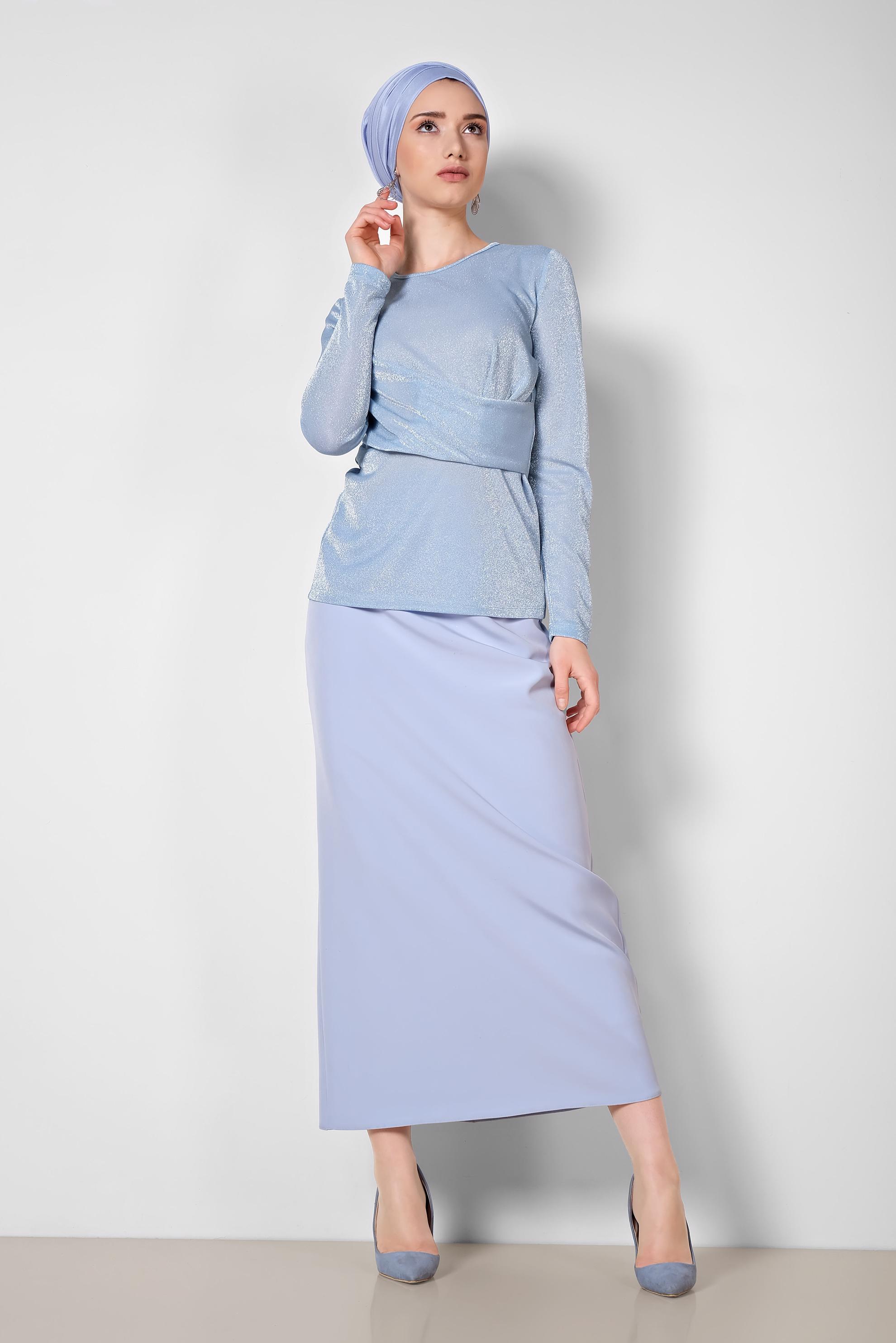 Tesettür giyim MAVİ YUVARLAK YAKA SİMLİ BLUZ 4192