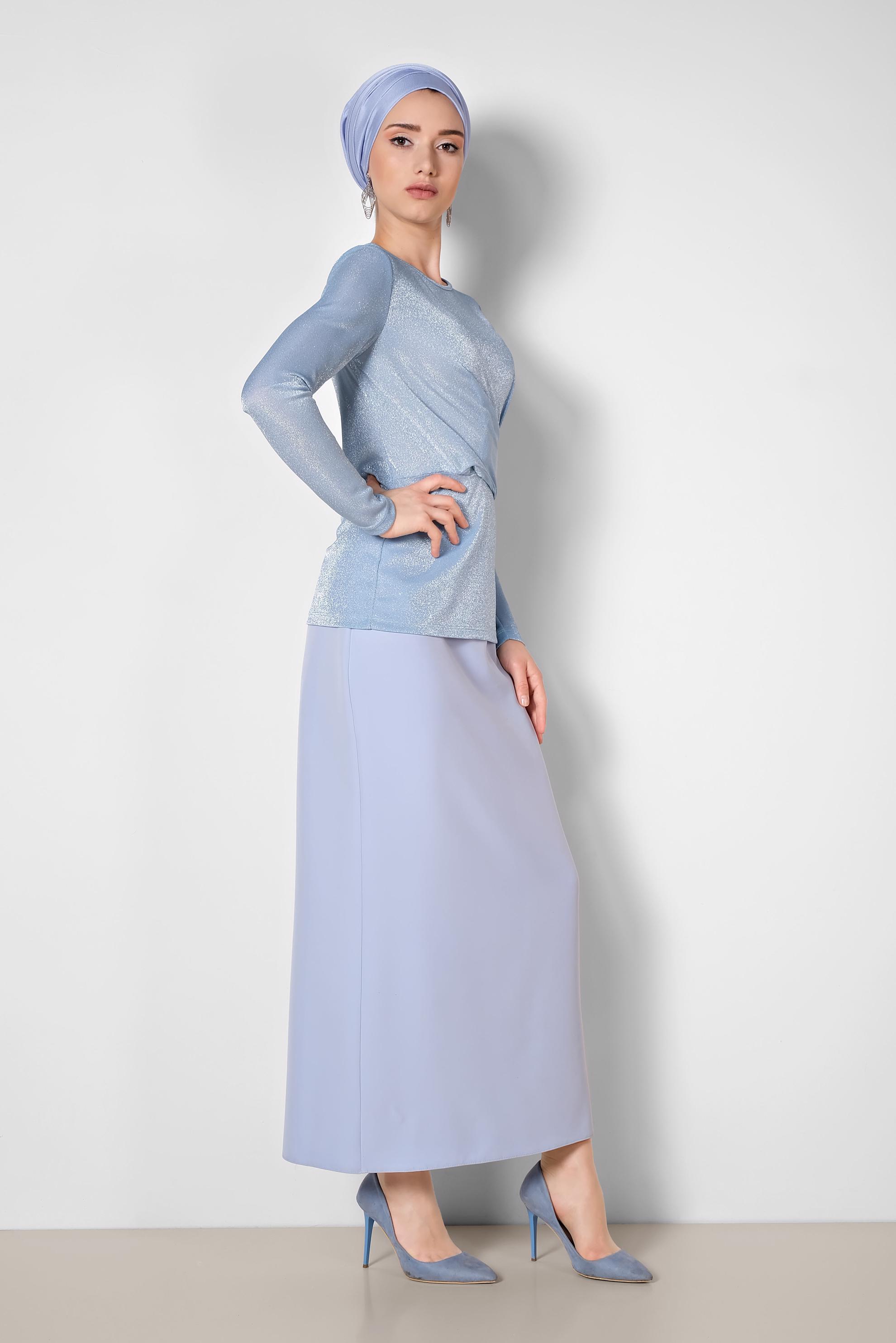 Tesettür giyim MAVİ YUVARLAK YAKA SİMLİ BLUZ 4192
