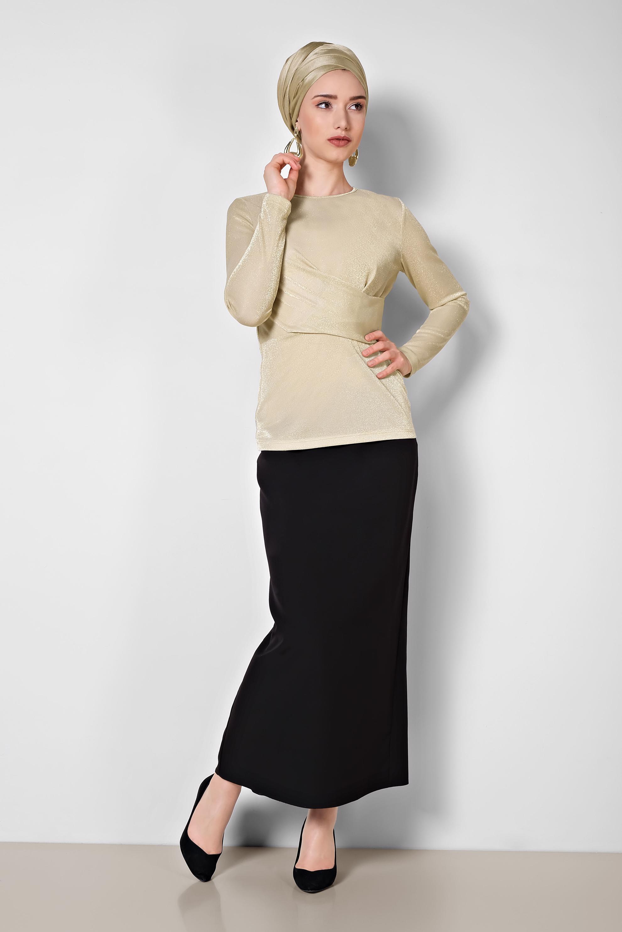 Tesettür giyim BEJ YUVARLAK YAKA SİMLİ BLUZ 4192