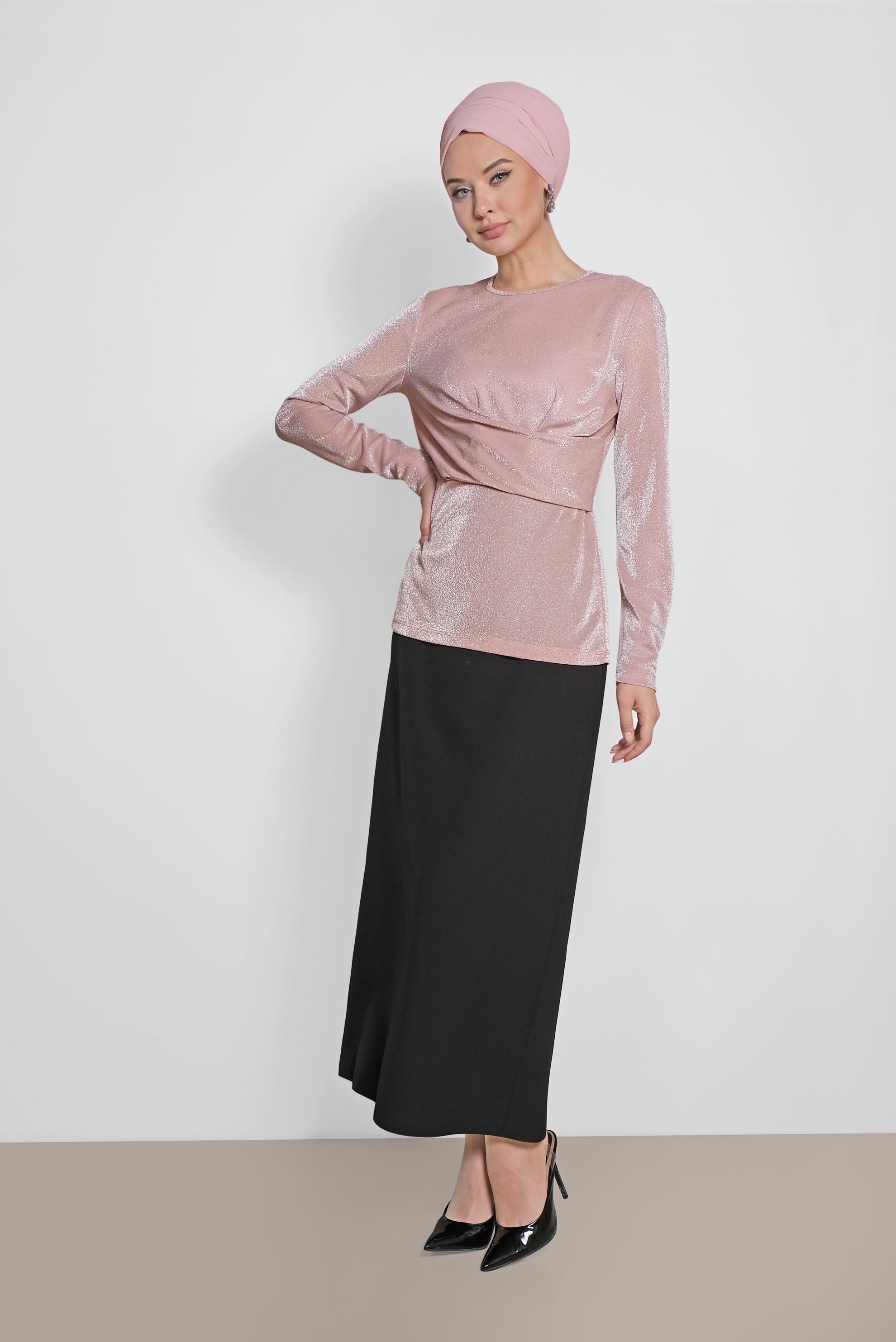 Tesettür giyim PUDRA YUVARLAK YAKA SİMLİ BLUZ 4192