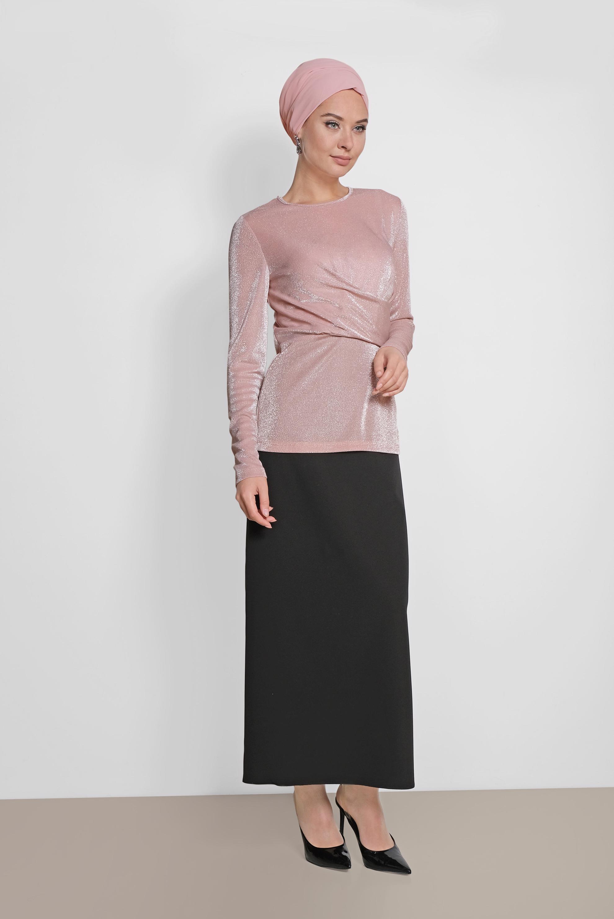 Tesettür giyim PUDRA YUVARLAK YAKA SİMLİ BLUZ 4192