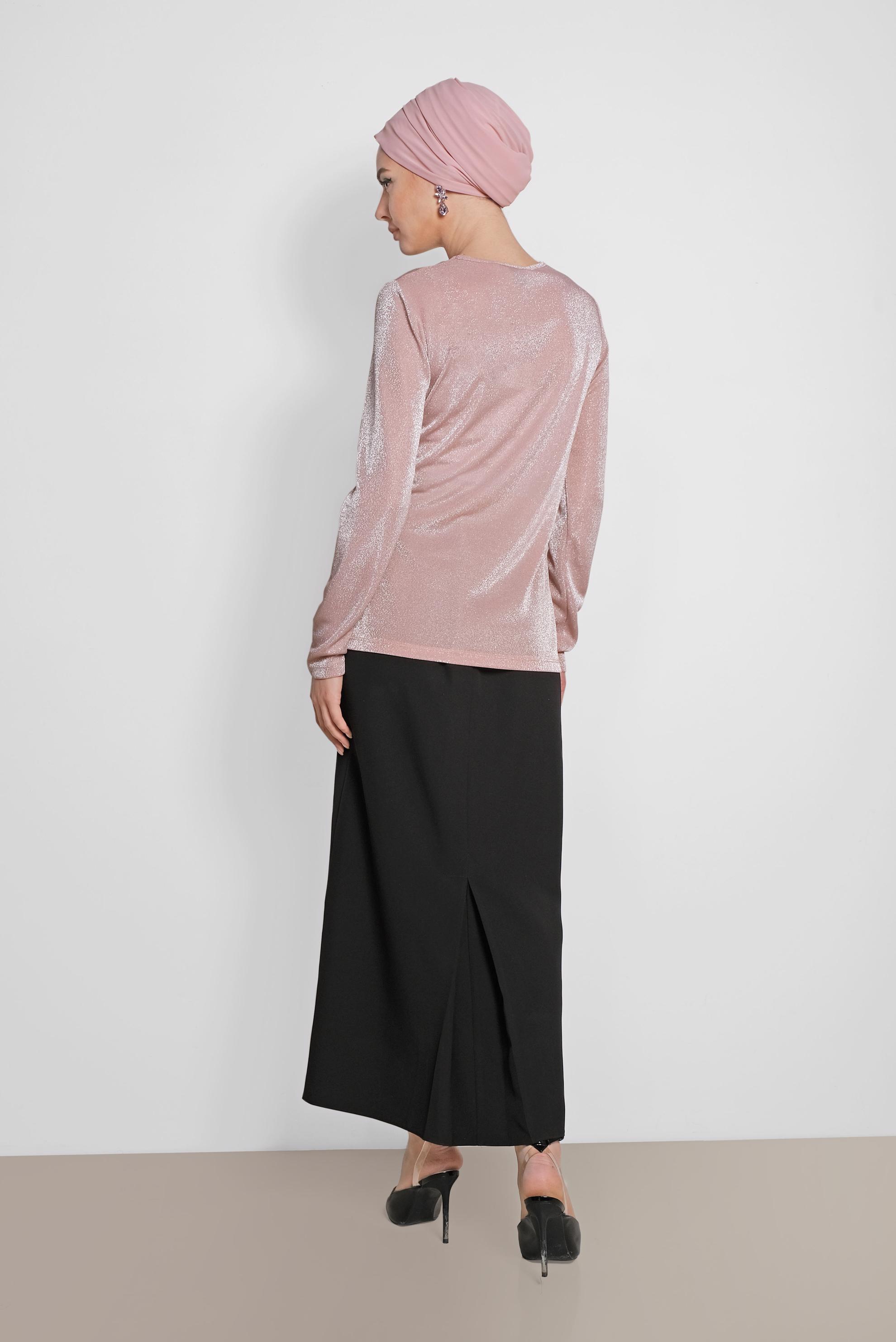 Tesettür giyim PUDRA YUVARLAK YAKA SİMLİ BLUZ 4192
