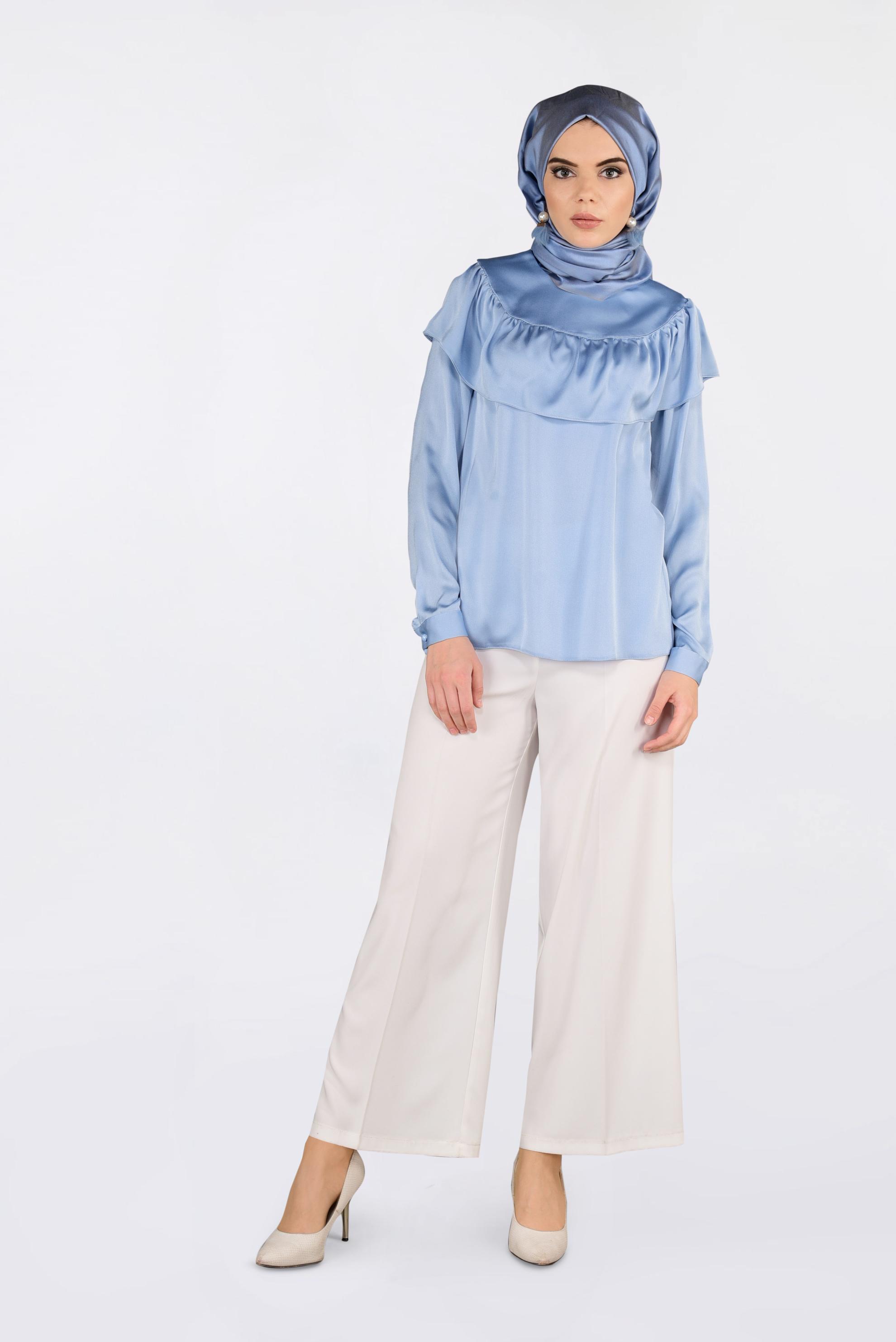 Tesettür giyim MAVİ OMUZLARI VOLANLI BLUZ 4202