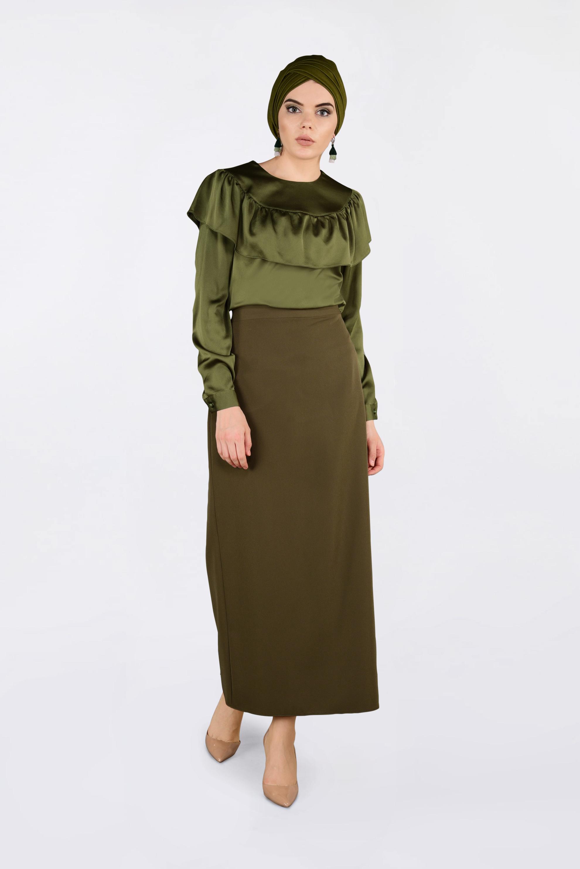 Tesettür giyim HAKİ OMUZLARI VOLANLI BLUZ 4202