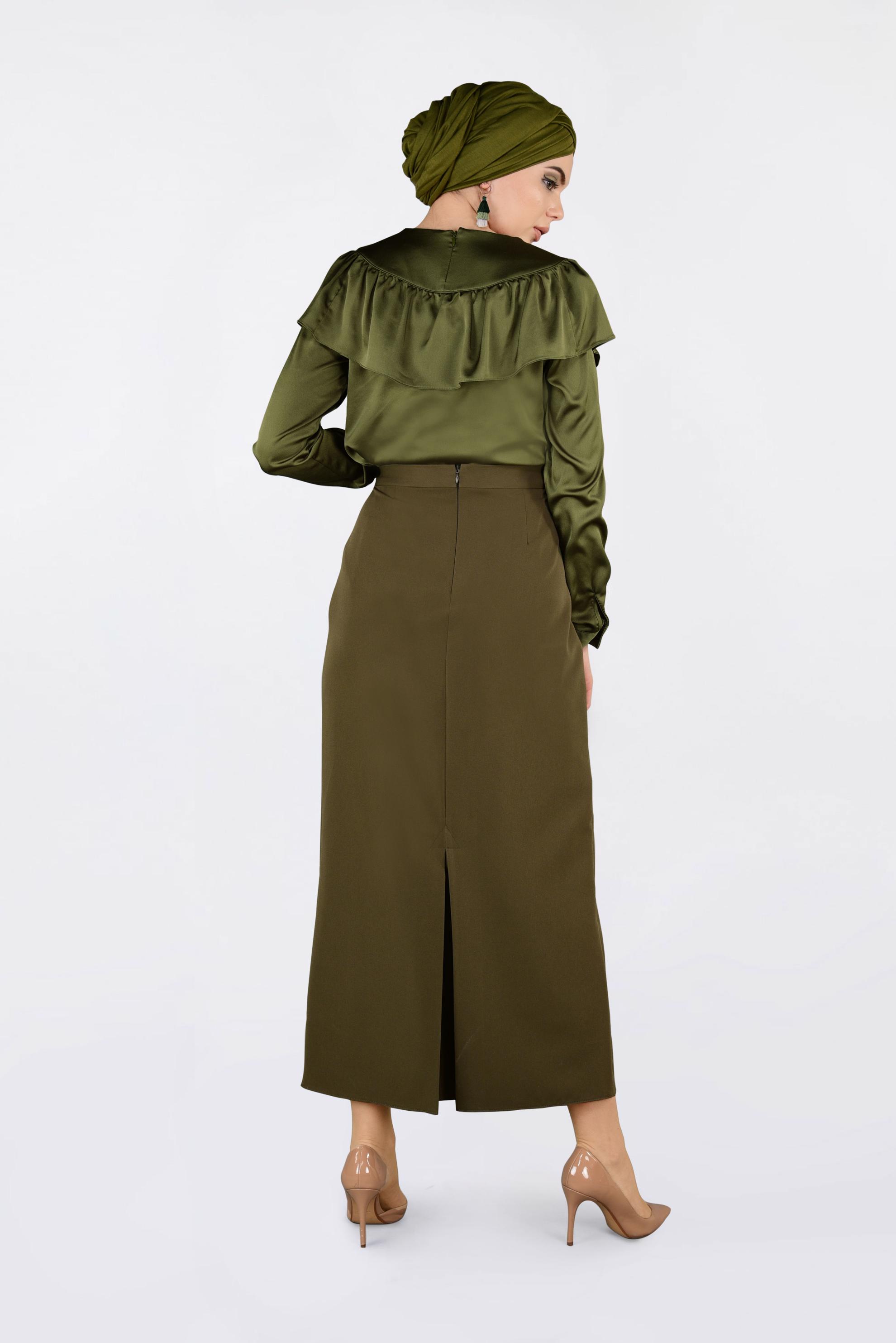 Tesettür giyim HAKİ OMUZLARI VOLANLI BLUZ 4202